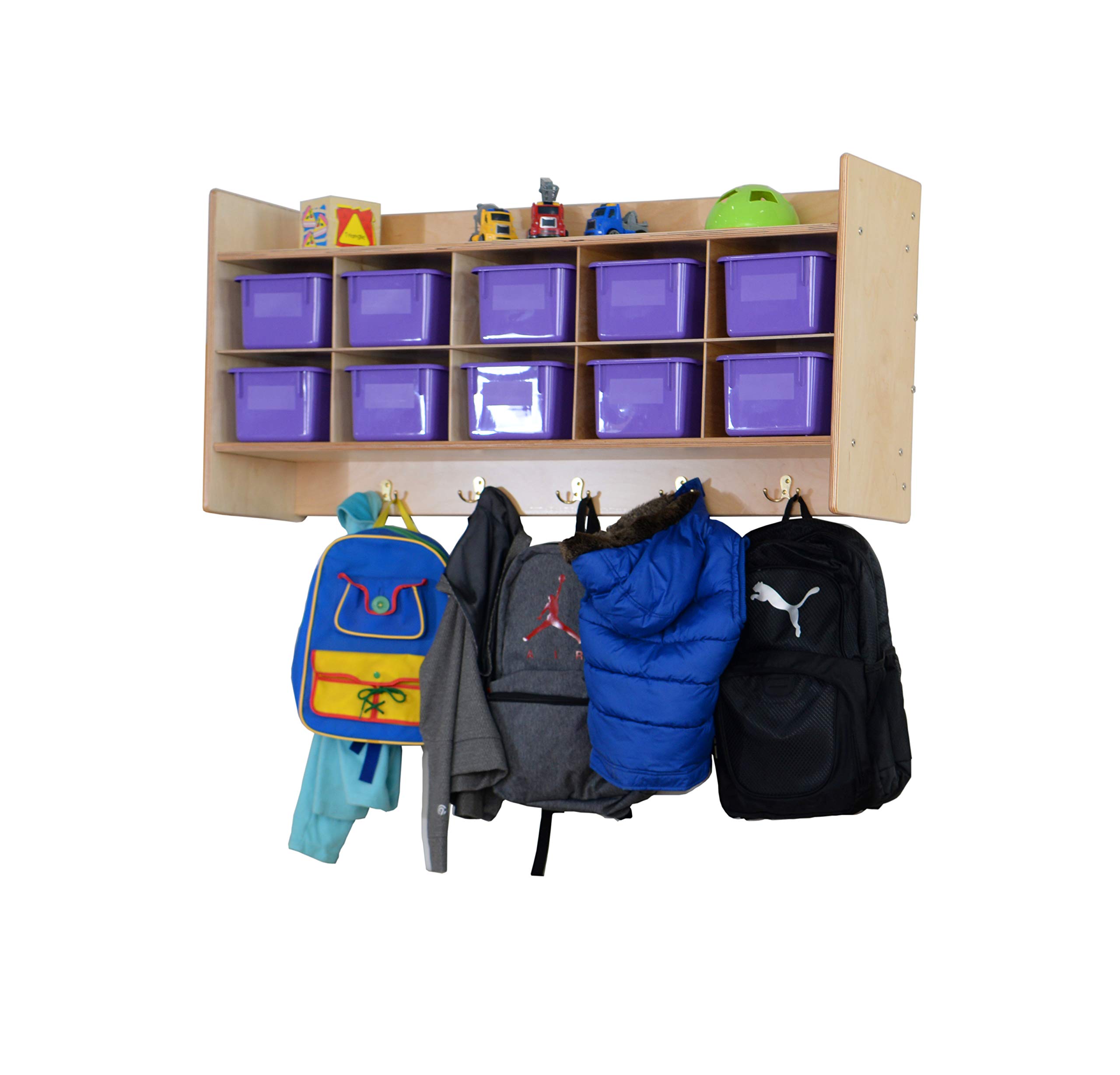Wall Mounted Cube Shelf with Purple Storage Bins - Organize Toys, Games & Crafts