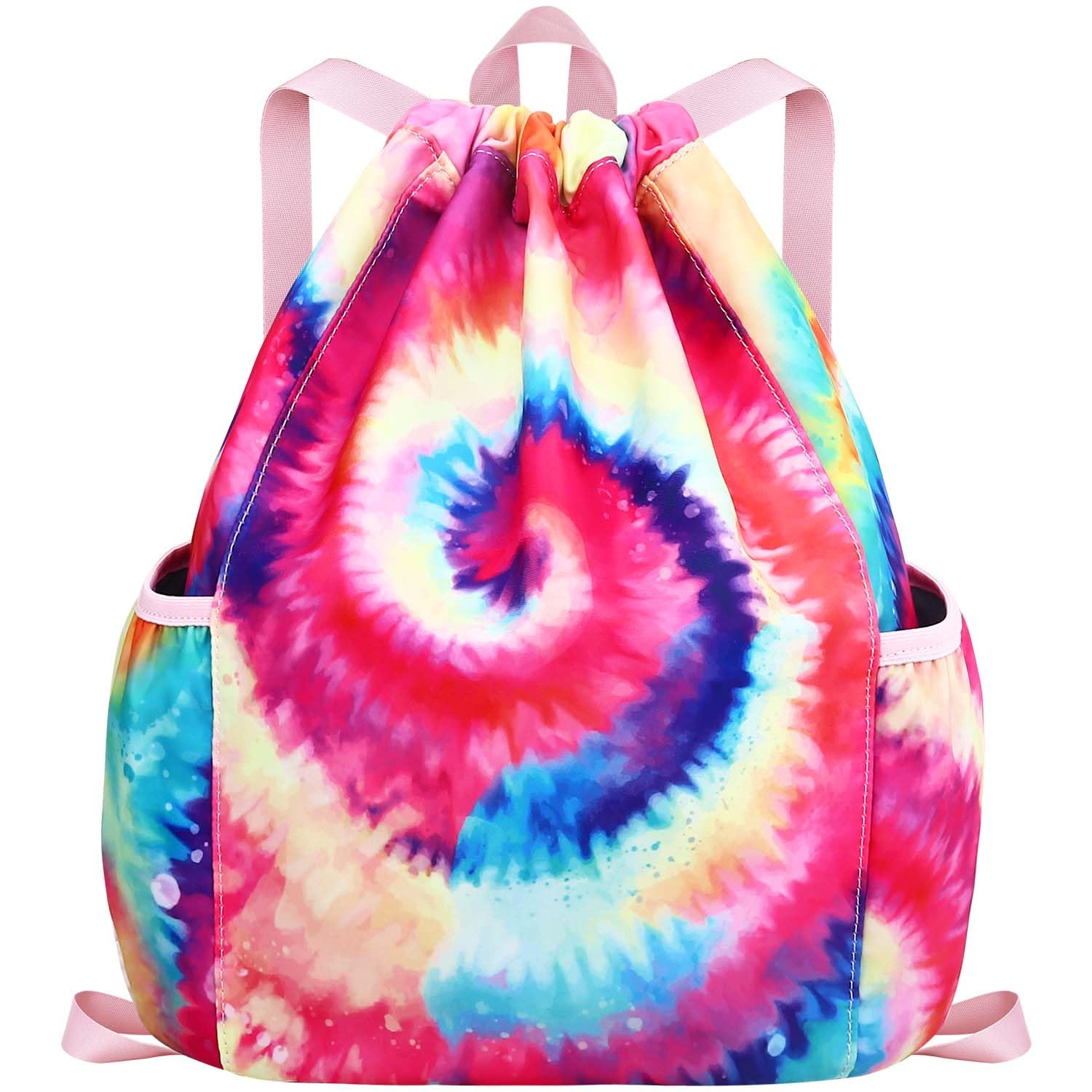 RHCPFOVR Kids Tie Dye Drawstring Backpack - Lightweight Mini Gym Bag for Girls, Dance, Beach, Swim & Travel with Dual Water Bottle Holders | Perfect for School, Sports & Outdoor Activities