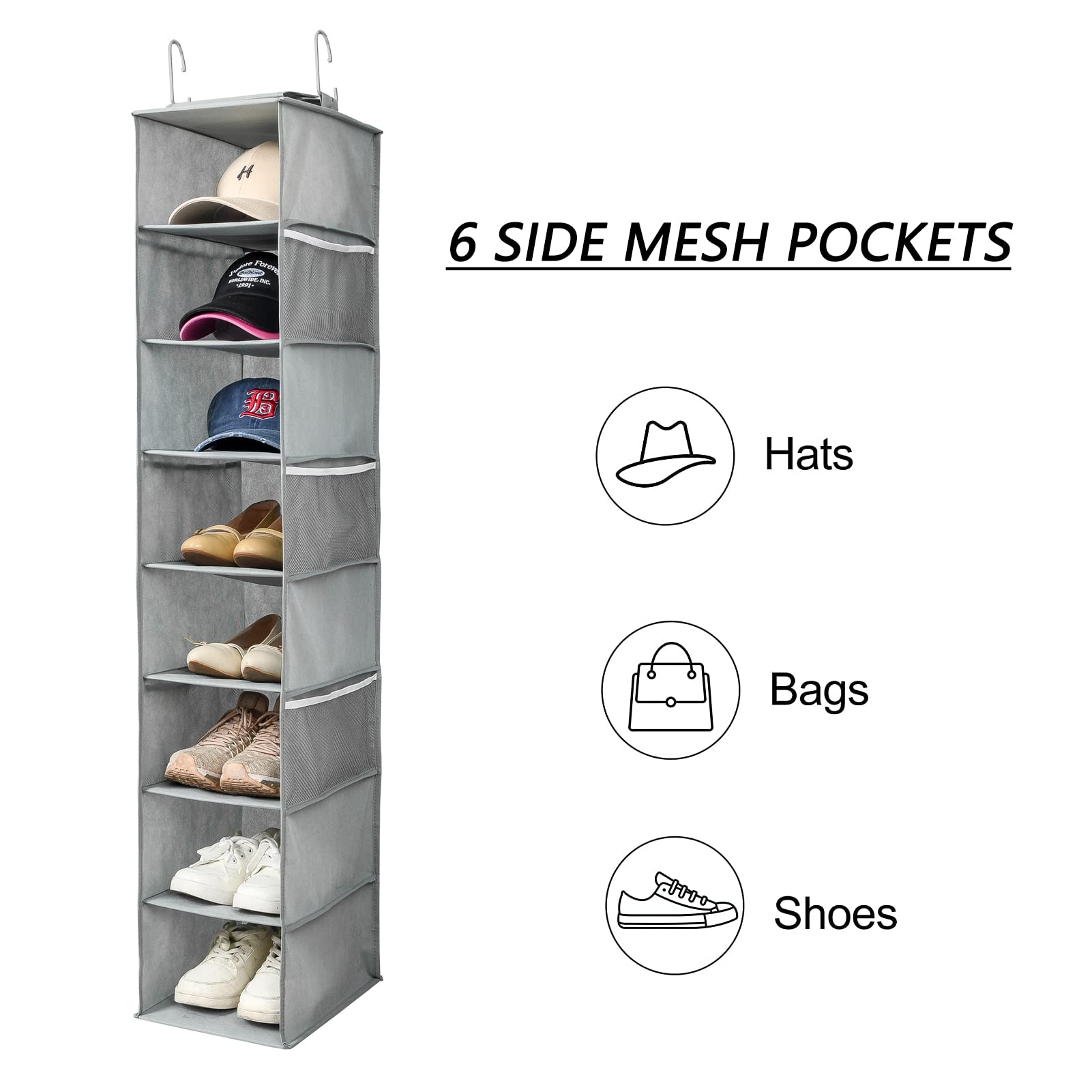 Hanging Shoe Organizer for Closet with Side Mesh Pockets - 8-Shelf Gray Shoe & Hat Storage Rack for Baseball Caps - Space-Saving Closet Organizer for Shoes, Hats & Accessories (1 Pack) - Perfect for Bedroom, Closet & Entryway Organization