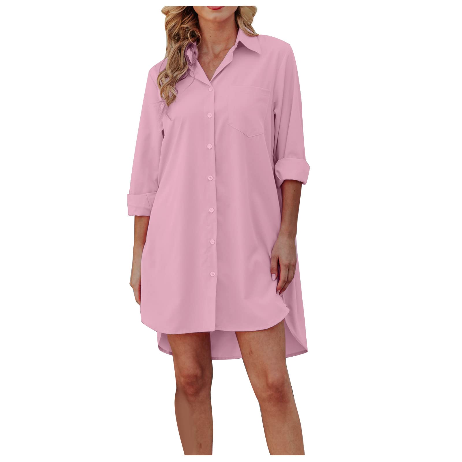 Women's Mini Shirt Dress - Fashion Solid Color Button Down Lapel Long Sleeve Tunic Top | Loose Casual Blouse & Sundress for Work, Dating & Summer Outfits