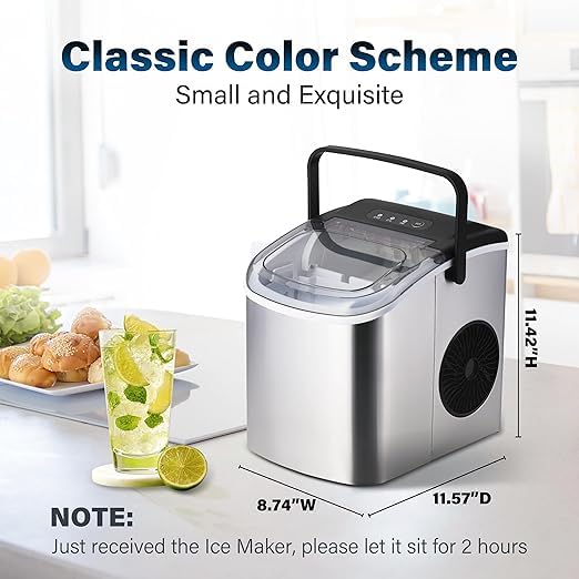Simple Deluxe Countertop Ice Maker Machine - 6 Mins Fast Ice Making, 9 Bullet Ice Cubes, 26lbs Daily Output, 13.7lbs Capacity, Self-Cleaning with Handle & Accessories (Basket, Spoon) - Perfect for Home, Office, Parties & Outdoor Gatherings - Silver