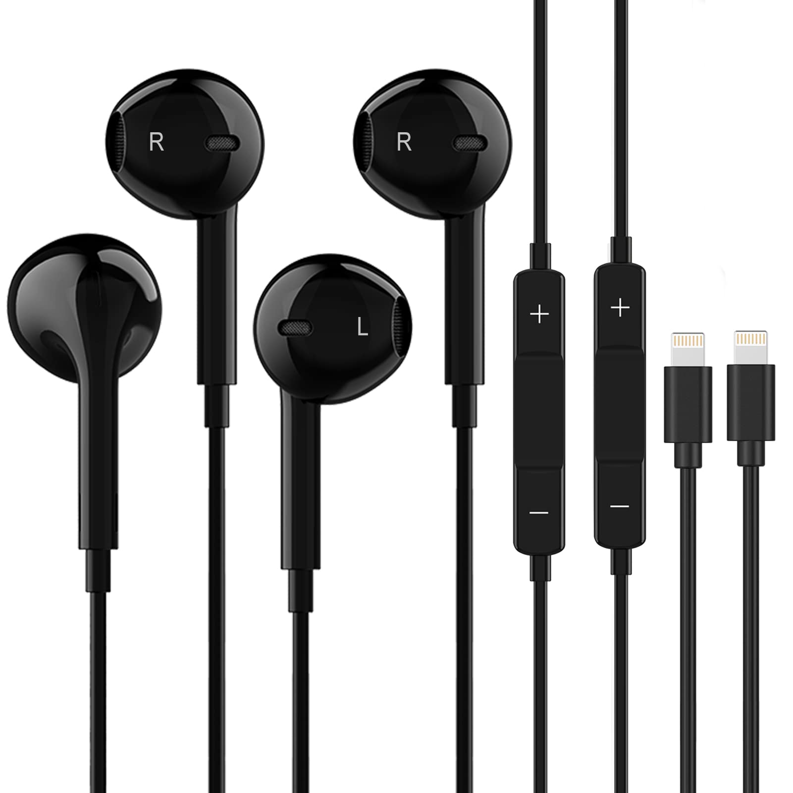 2 Pack iPhone Wired Earbuds with Microphone & Volume Control - Stereo Sound Headphones Compatible with iPhone 14/13/12/11/7/8/X & iPad (Black) | Perfect for Gym, Commuting & Hands-Free Calls