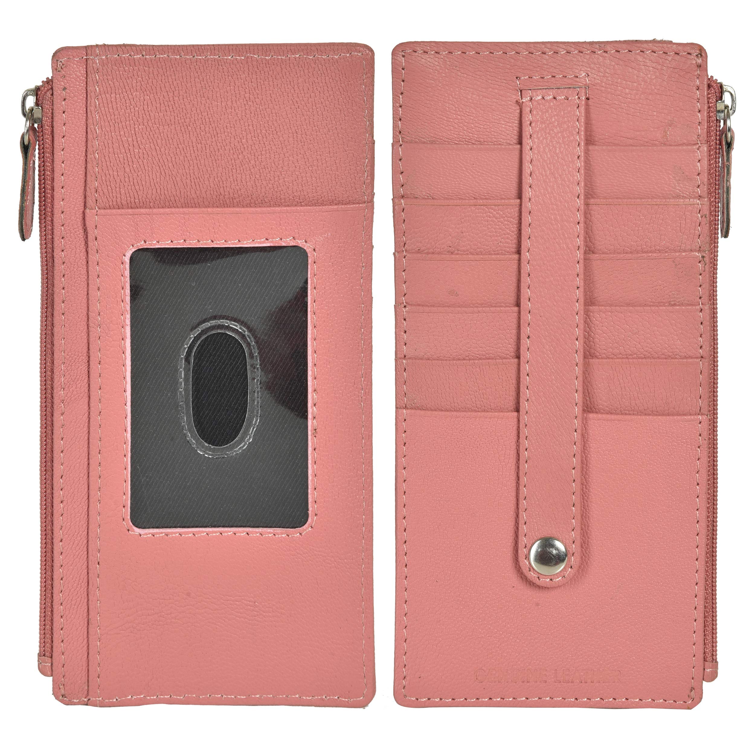 Genuine Leather Slim Wallet for Men & Women - RFID Blocking Card Holder with Protective Strap - Peach Color | Perfect for Travel, Business & Everyday Use