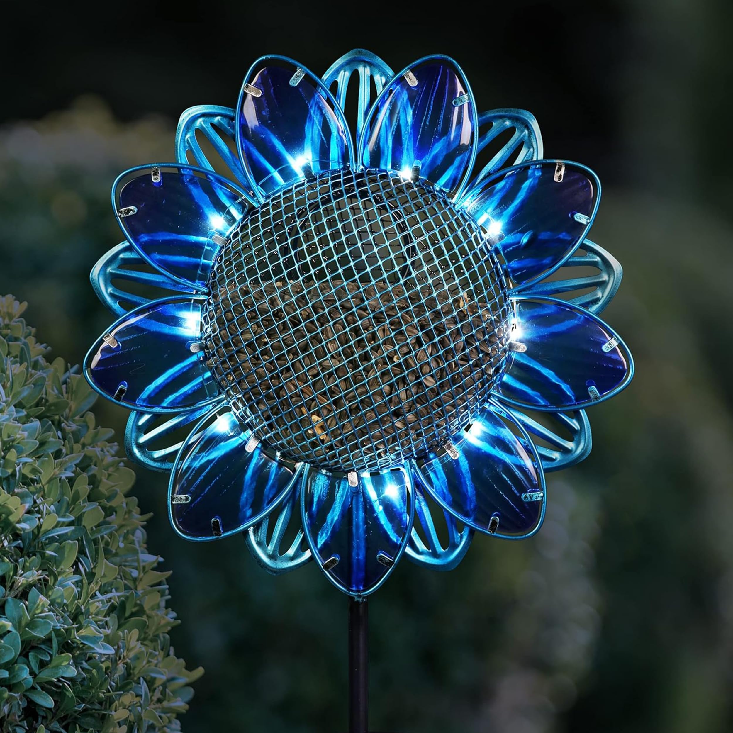Exhart Solar Garden Lights - Sunflower Stake with Bird Seed Feeder - 9 LED Outdoor Decorative Light for Yard, Patio & Pathway - Blue Glass & Metal Design (11 x 3.5 x 36.5 Inch) - Perfect for Garden Decor, Bird Watching & Nighttime Illumination