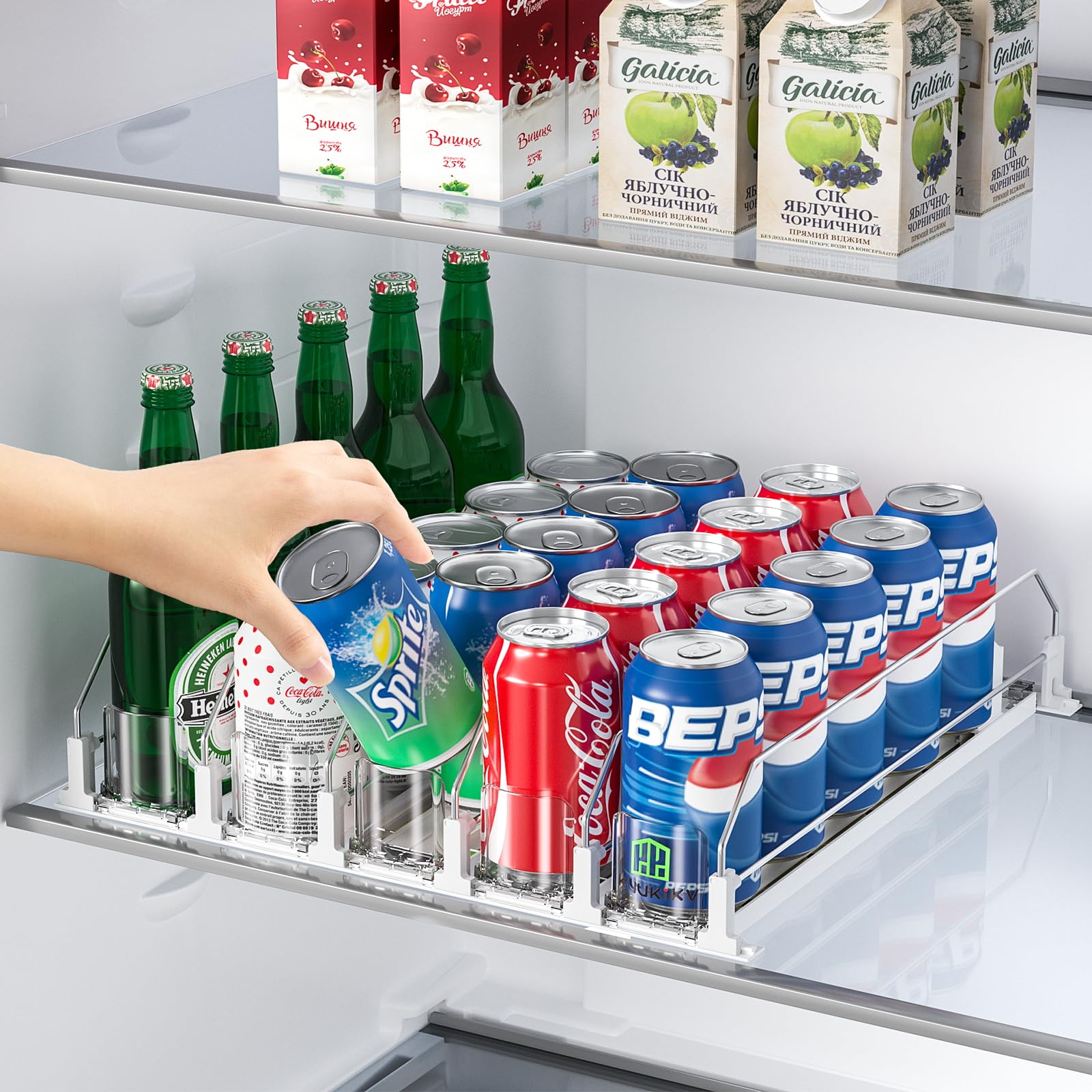 Upgraded Fridge Drink Organizer - Space-Saving Beverage Dispenser with Automatic Pusher Glide & Adjustable Width - Holds 25 Cans (5 Rows, White) - Perfect for Soda, Beer, Juice Organization in Home, Office or Party Fridge