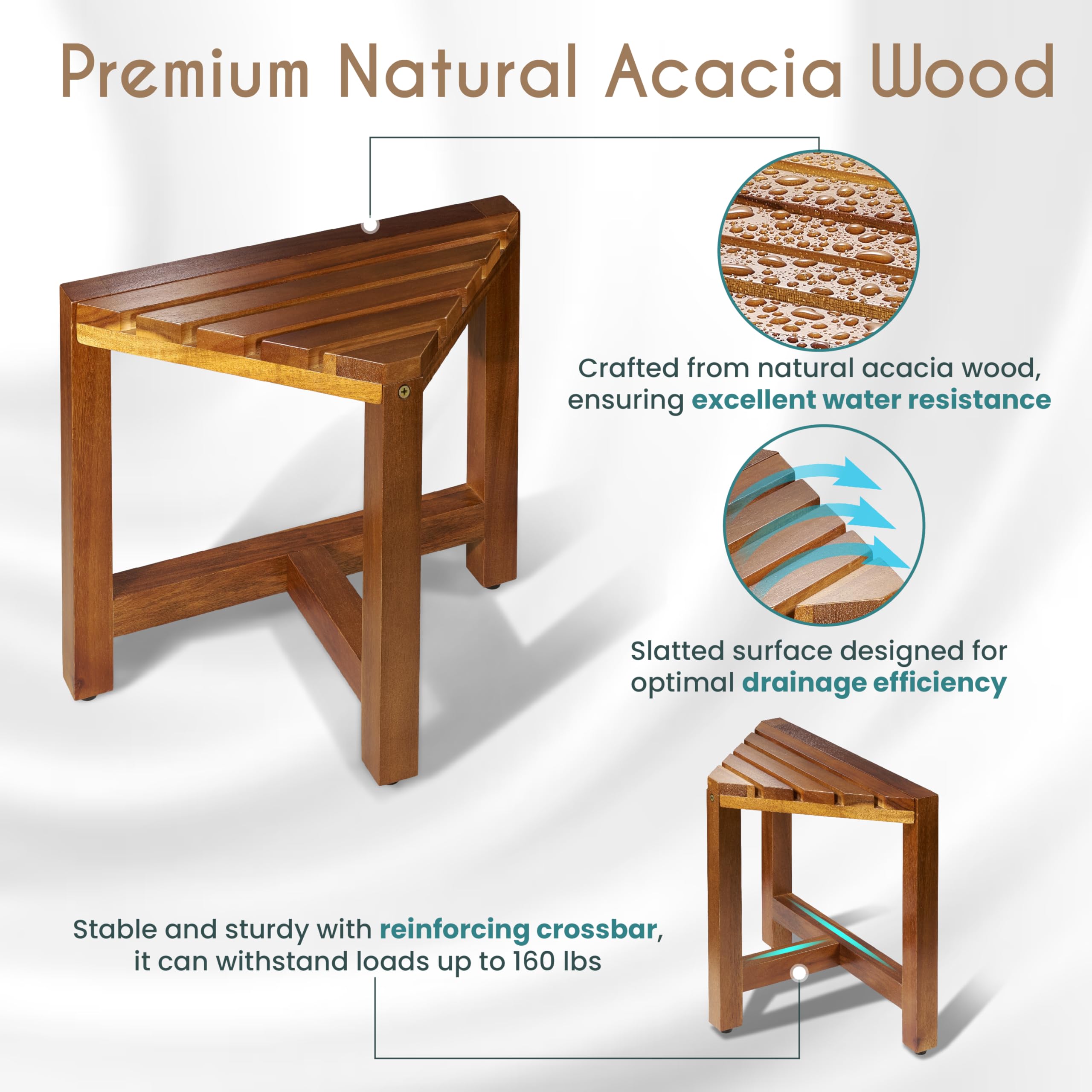 BLUEWEST Acacia Wood Shower Foot Stool - Non-Slip Bathroom Bench for Shaving Legs, Compact Corner Shower Seat with Waterproof & Durable Design - Perfect for Small Spaces, Spa-Like Relaxation & Pedicures