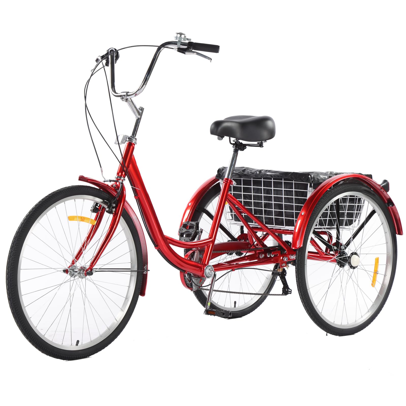 GARVEE 7-Speed Adult Tricycle Bike - 24 Inch 3-Wheel Bicycle for Men & Women with Rear Basket, Dual Chain & Storage Bag - Perfect for Shopping, Beach Rides & City Commuting - Red
