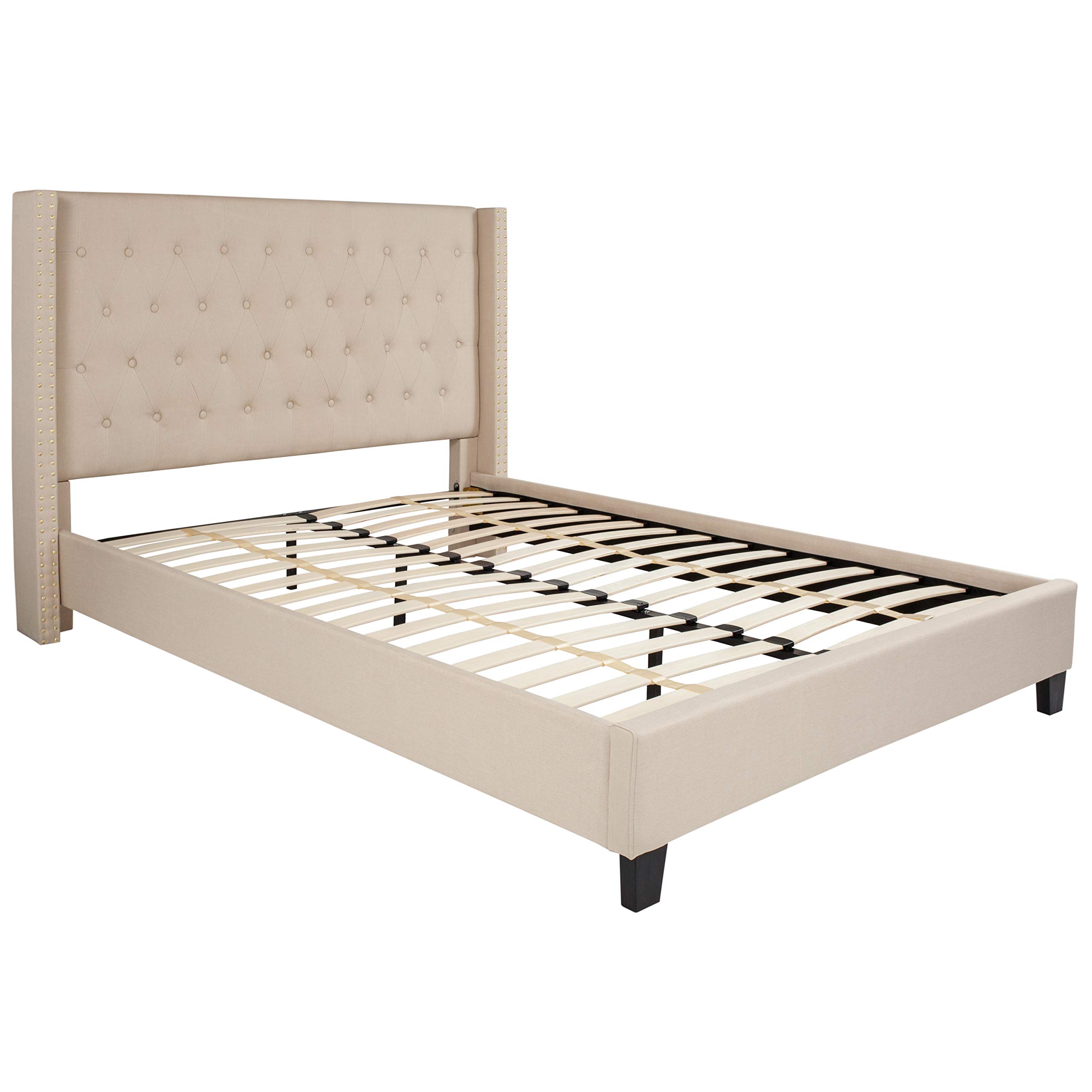 Flash Furniture Riverdale Queen Size Tufted Upholstered Platform Bed in Beige Fabric - Modern Bedroom Furniture for Master Bedroom, Guest Room & Apartment