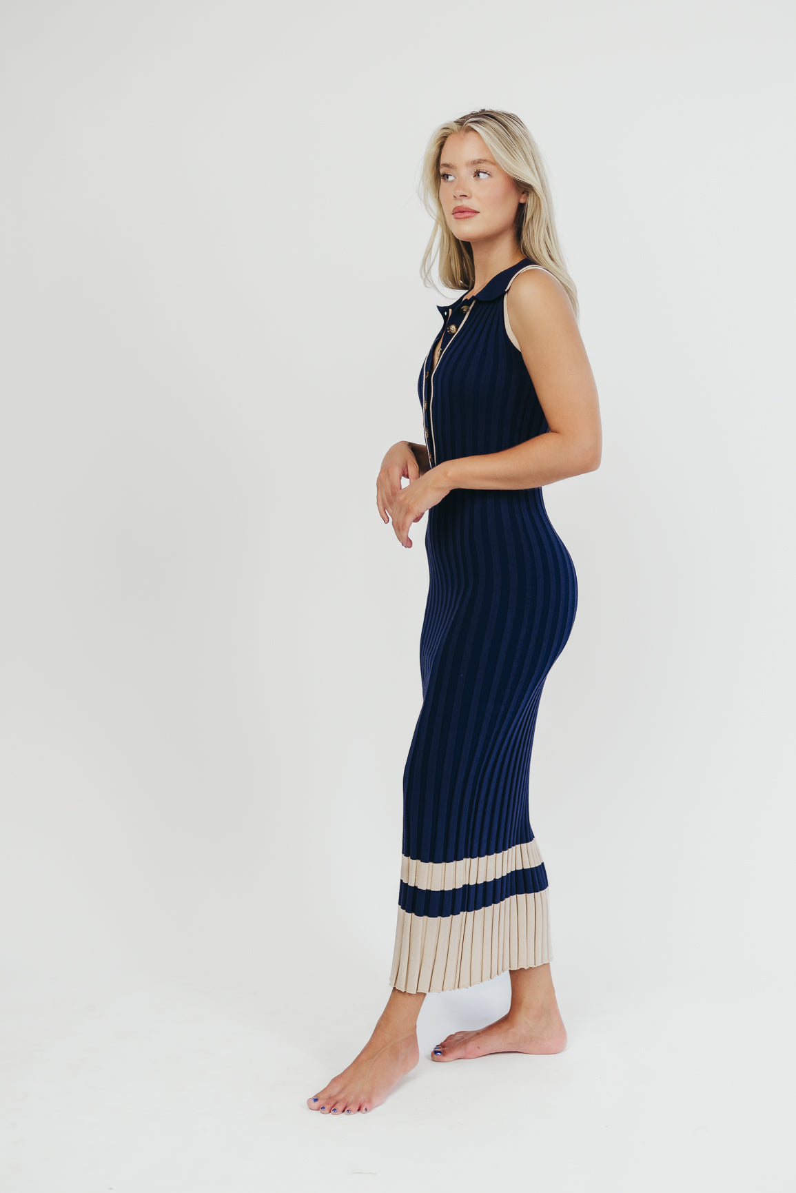 Jovie Women's Sleeveless Ribbed Maxi Dress with Button Front - Navy Blue Summer Beach Dress for Vacation, Date Night & Casual Outings