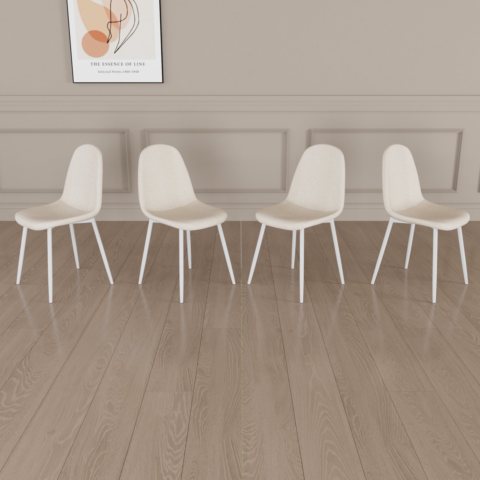 Modern Dining Chair Set of 4 - Linen Upholstered Spoon Back Accent Chairs with White Metal Legs for Kitchen & Dining Room - Beige | Perfect for Home Decor, Small Spaces & Entertaining Guests