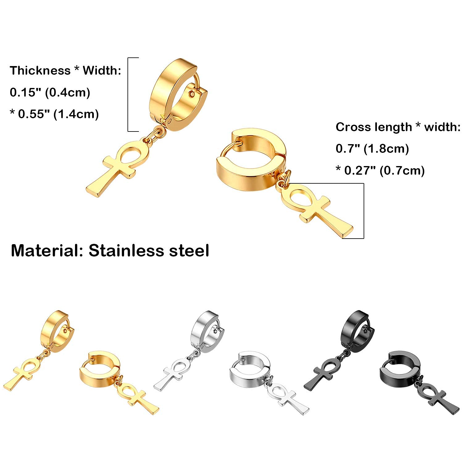 Ankh Cross Earrings for Men & Women - Stainless Steel Egyptian Symbol Stud & Dangle Hoop Earrings - Perfect for Gifts, Parties, and Everyday Wear
