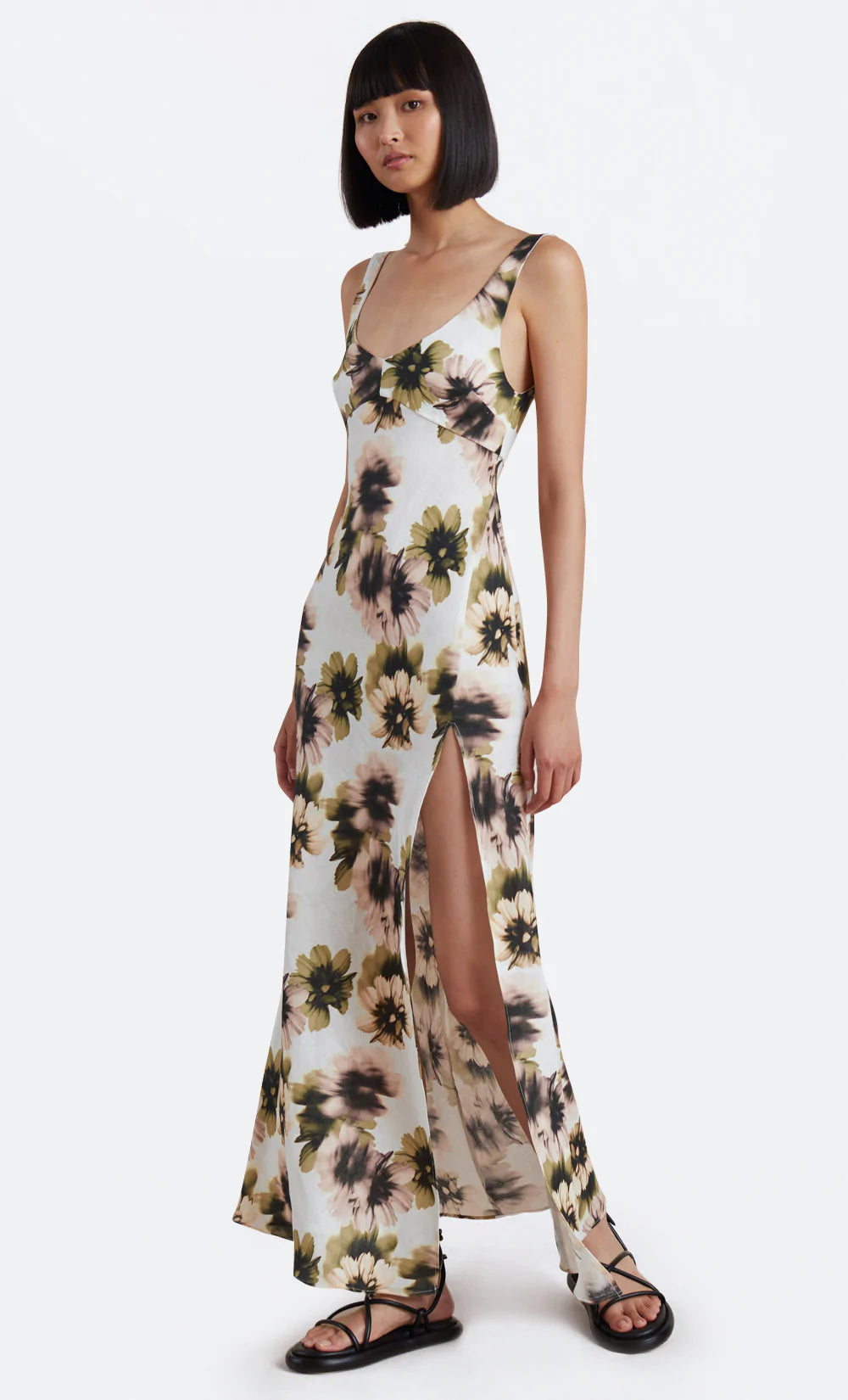 Bloom Linen Maxi Dress for Women - Ivory Floral Print Summer Beach Dress, Boho Chic Flowy Long Dress for Vacation, Wedding Guest, Party & Casual Wear
