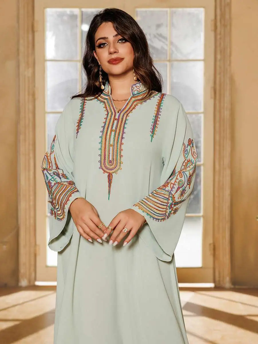 Elegant Eid Rope Embroidery Kaftan Dress for Women - Flowy Muslim Caftan with Intricate Design - Perfect for Eid Celebrations, Weddings & Special Occasions