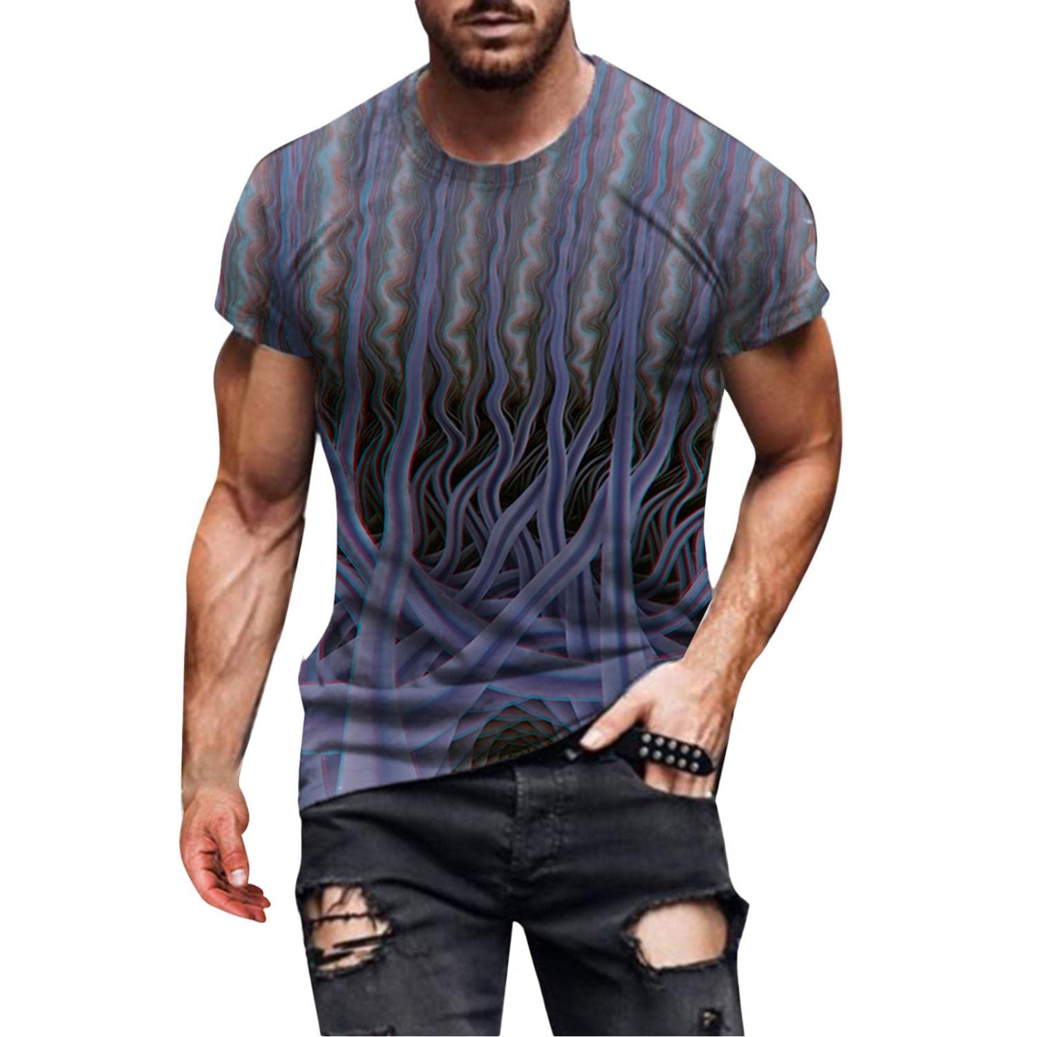 Retro Print Short Sleeve Crew Neck T-Shirts for Men - Loose Fit Gym & Casual Graphic Tees - Perfect for Workouts, Streetwear & Hipster Fashion