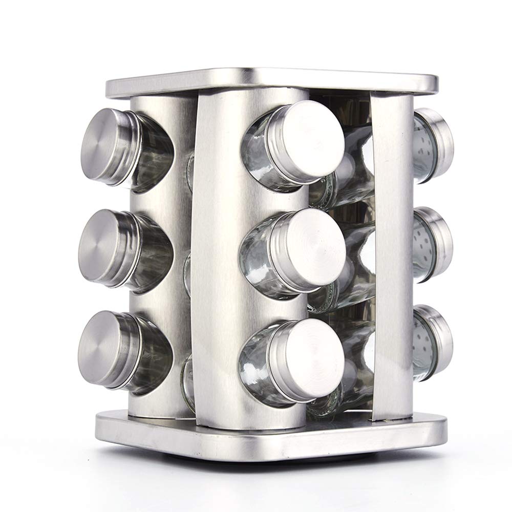 12-Piece Stainless Steel Rotating Spice Rack with Glass Jars - Space-Saving Kitchen Organizer for Countertops | Perfect for Cooking, Baking & Seasoning Storage