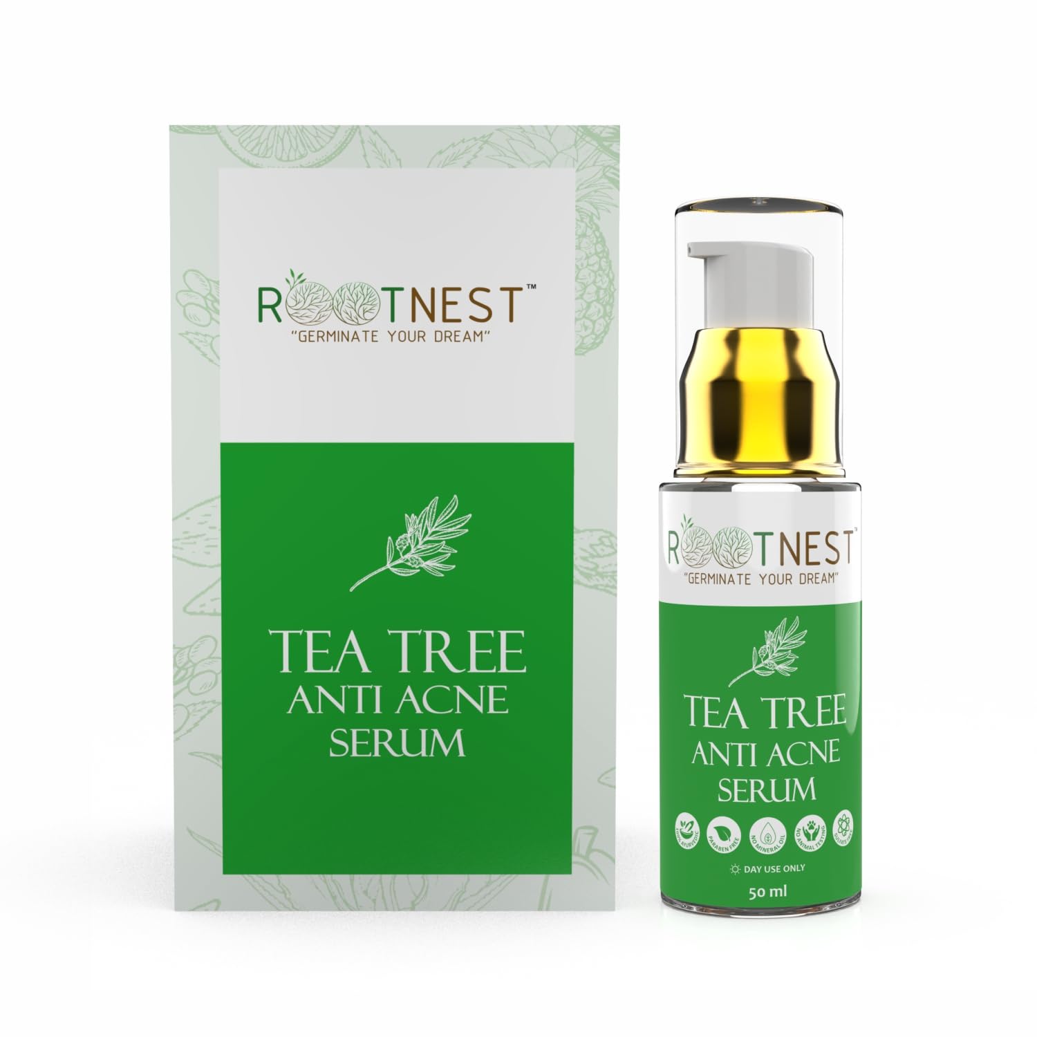 Rootnest Tea Tree Oil Anti-Acne Face Serum - Natural Organic Treatment for Blackheads, Breakouts & Large Pores with Witch Hazel & Aloe Vera | 50mL | Perfect for Oily & Acne-Prone Skin Care Routine