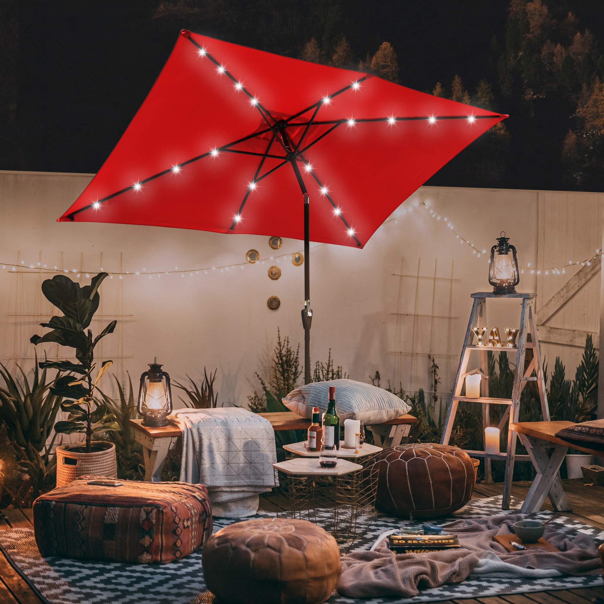 Yescom 10x6.5ft Red Outdoor Patio Umbrella with Solar LED Lights - Crank & Tilt Aluminum Market Umbrella for Beach, Poolside, Garden & Backyard Relaxation