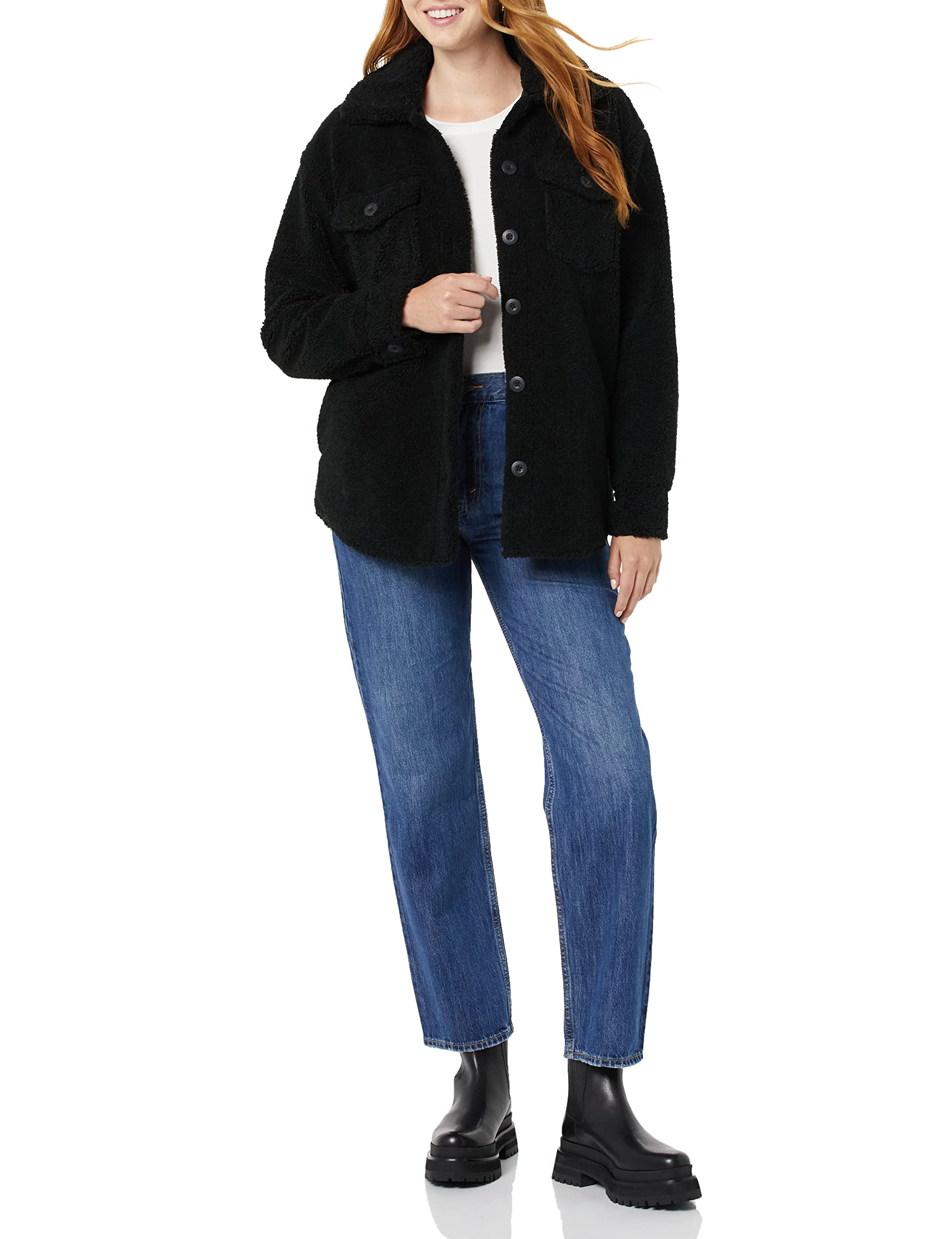 Amazon Essentials Women's Oversized Teddy Sherpa Shirt Jacket - Cozy Fleece Lined Button Up Top for Winter (Previously Goodthreads) | Perfect for Casual Outings, Lounging at Home & Cold Weather Layering