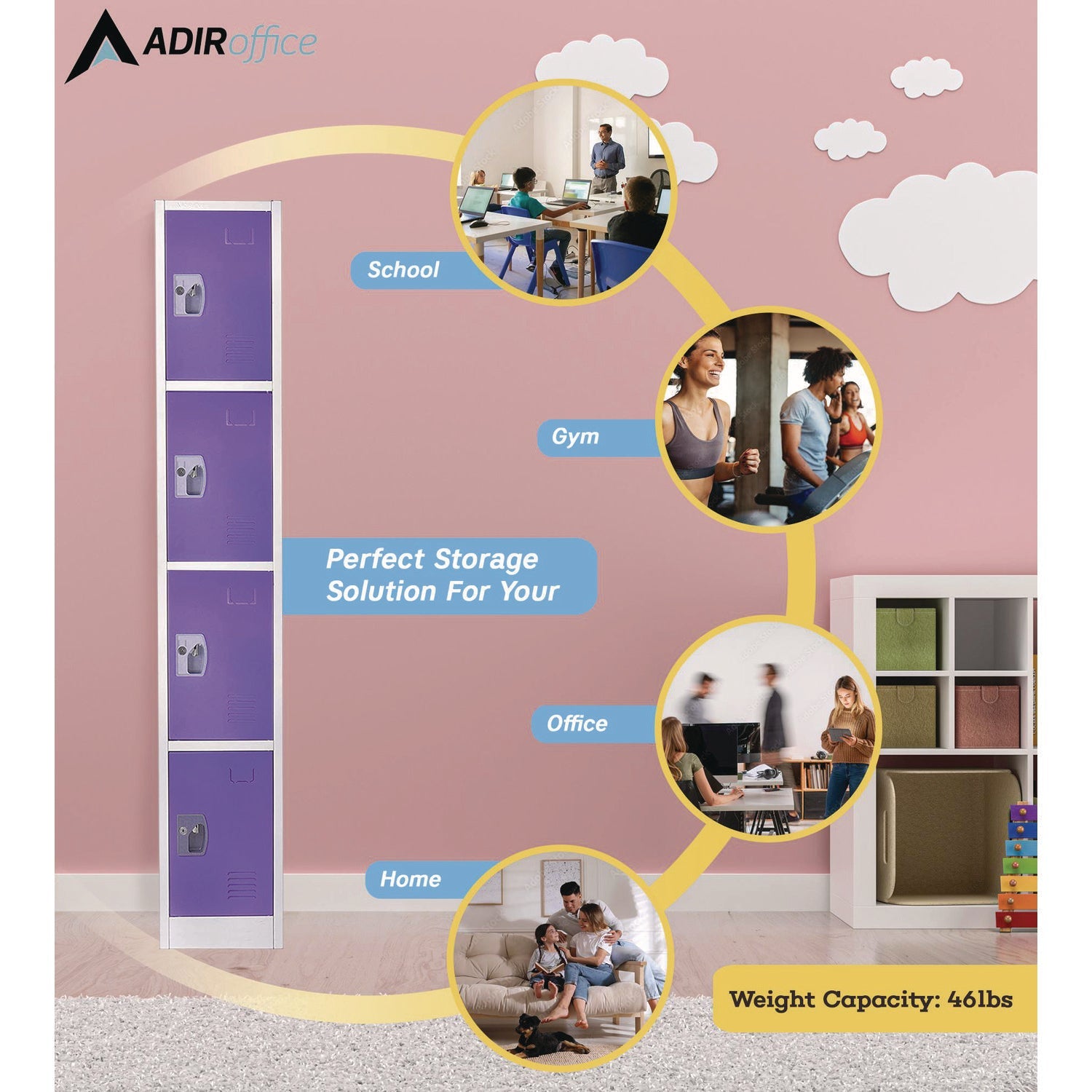 AdirOffice 4 Compartment Steel Storage Locker - 12x12x72 Inches, Purple - Perfect for Schools, Gyms & Office Organization