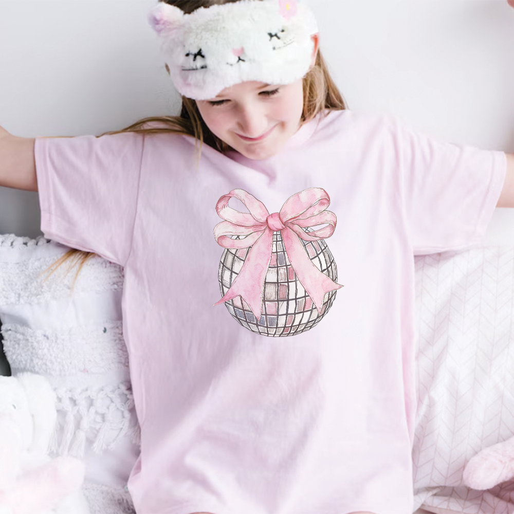 Coquette Disco Ball Kids T-Shirt | Cute Glitter Graphic Tee for Girls | Birthday Party & Dance Outfit