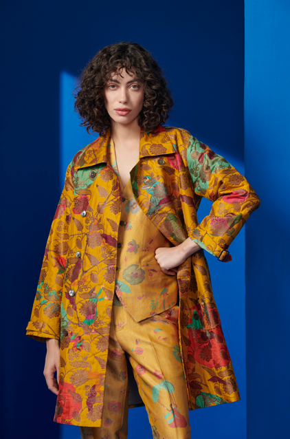 Mustard Trench Coat with Silk Brocade Detailing - Elegant Fall Outerwear for Women | Perfect for Office, Date Night & Special Occasions