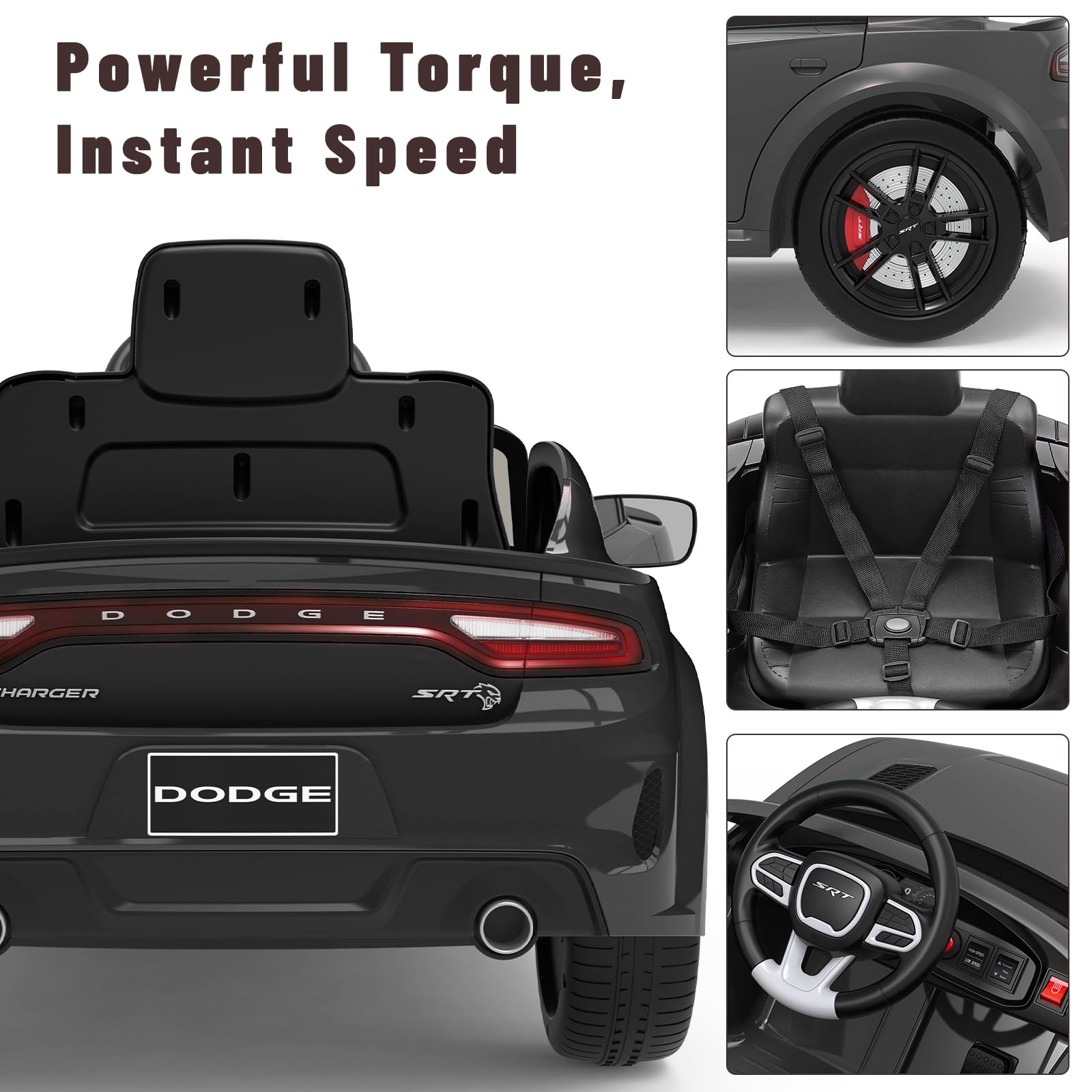 12V Licensed Dodge Charger Kids Electric Ride-On Car with Remote Control - 3 Speed, Suspension System, LED Lights, MP3 & Bluetooth - Black - Perfect for Birthday Gifts, Outdoor Play & Backyard Fun