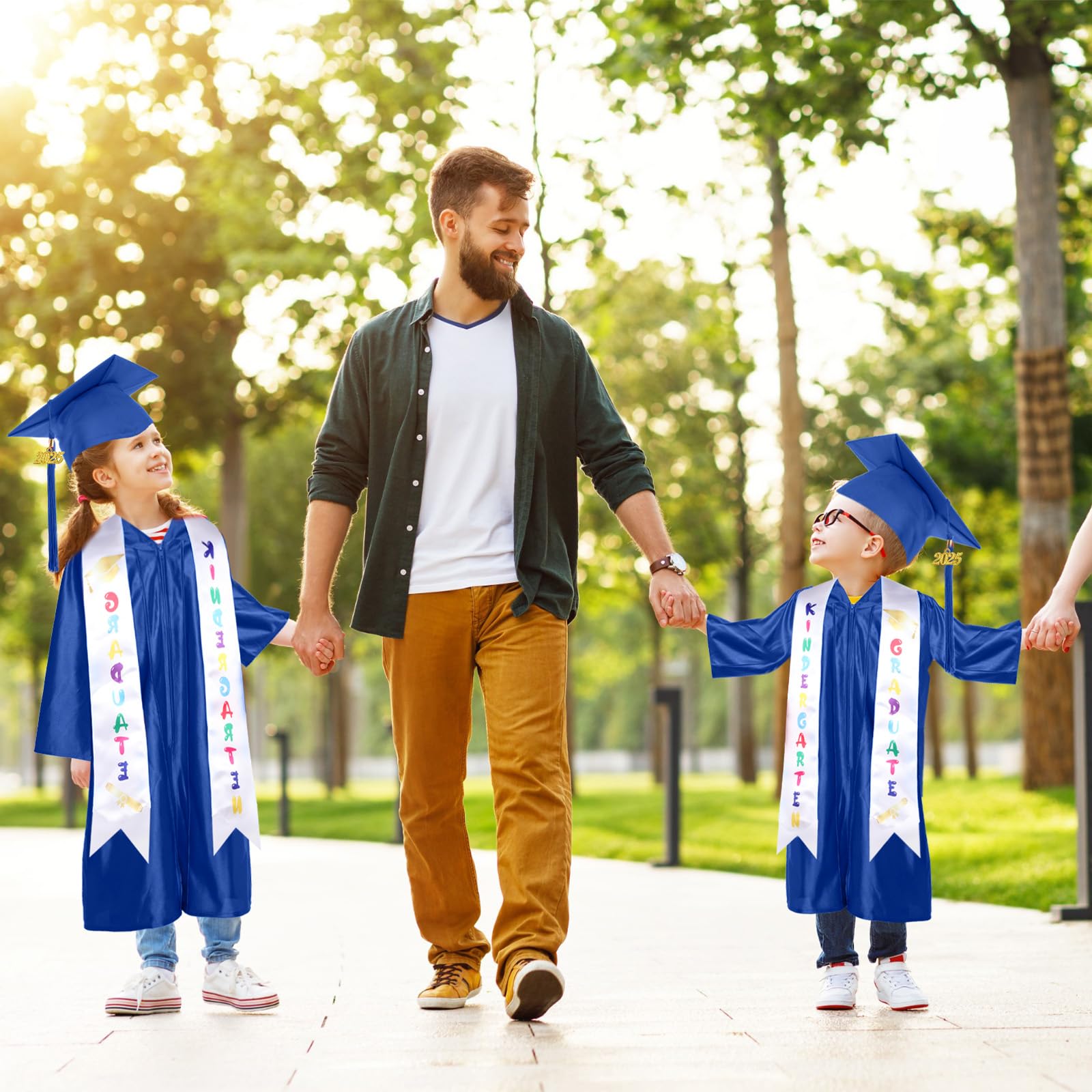 2025 Preschool & Kindergarten Graduation Gown Cap Tassel Set with Printed Stole Sash - 2 Pack Kids Graduation Outfit for Ceremony & Photo Shoots