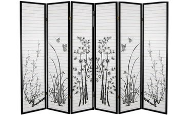 ORE International Black 4-Panel Bamboo Floral Room Divider Screen - 6ft Tall Privacy Partition for Home, Office & Studio Decor | Perfect for Room Separation, Decorative Accent & Space Division