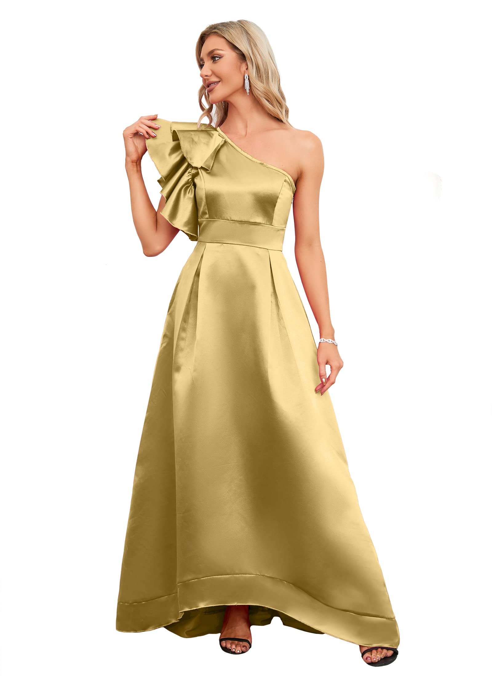 Elegant Ruffle Sleeve Dress with Asymmetrical Neckline - Women's Cocktail Party & Evening Gown for Special Occasions | Perfect for Weddings, Galas, and Formal Events