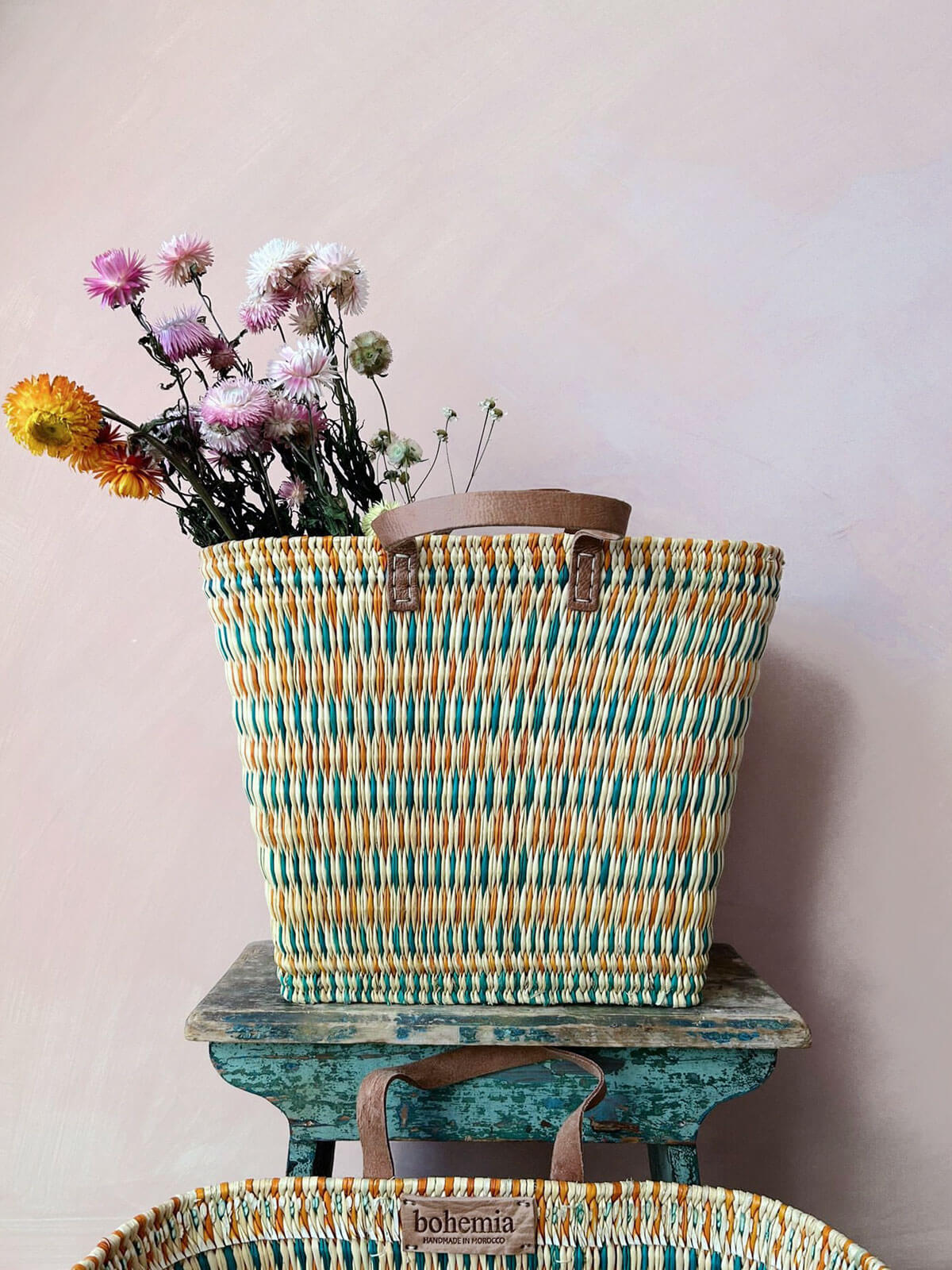 Colorful Reed Shopping Basket - Eco-Friendly Handmade Woven Storage for Groceries, Picnics & Beach Trips
