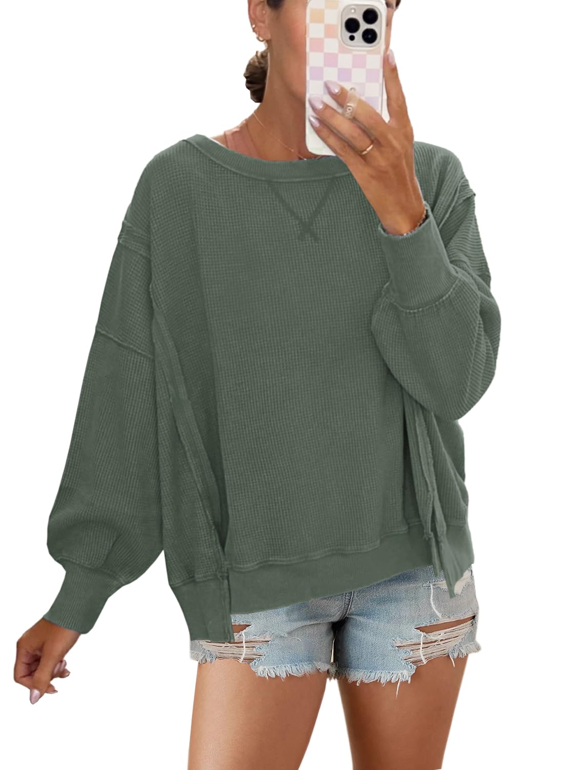 Panadila Women's Oversized Waffle Knit Sweatshirt - Long Sleeve Crewneck Pullover Top with Side Slits | Casual Loungewear for Coffee Dates & Weekend Outings