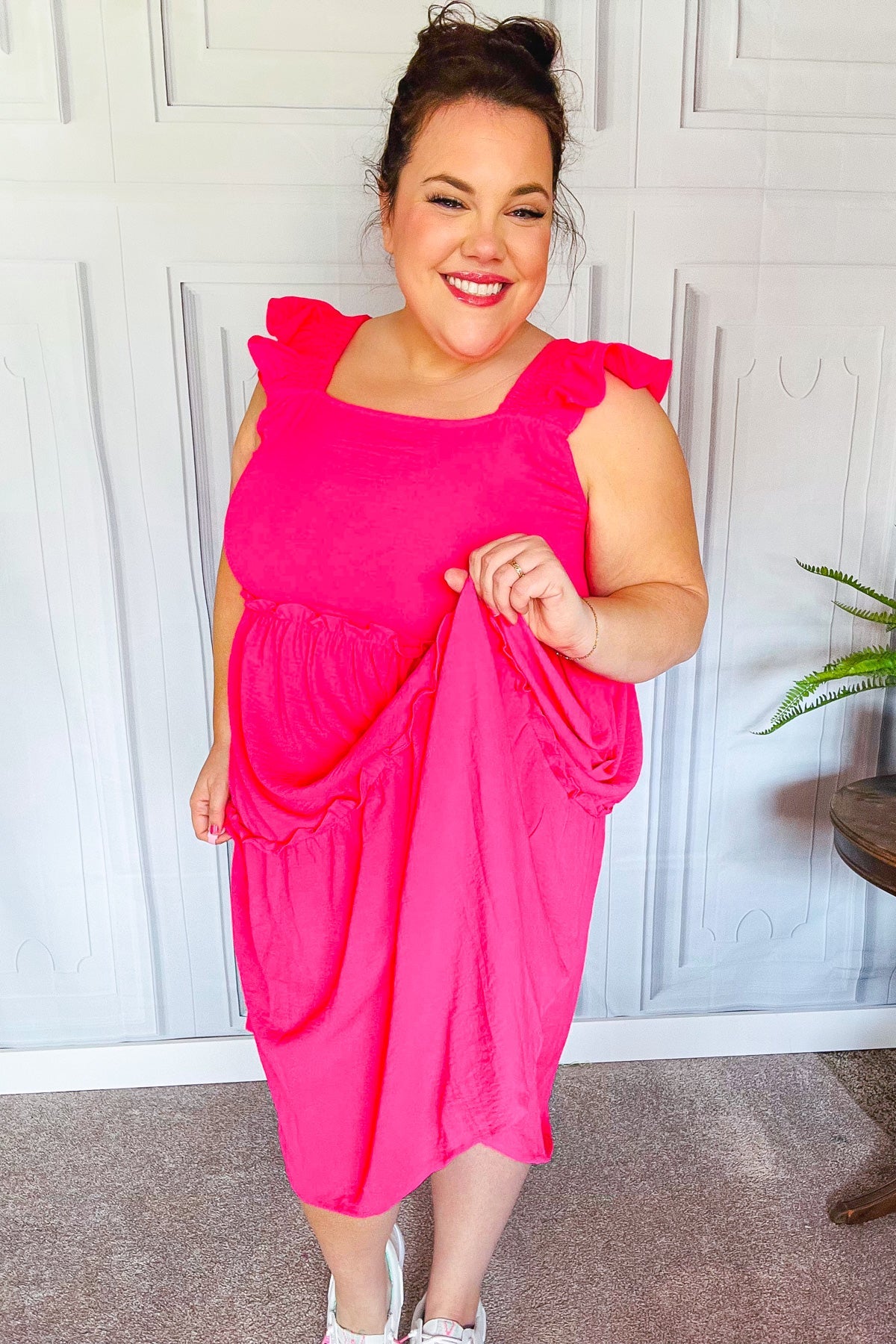 Fuchsia Smocked Flutter Sleeve Tiered Midi Dress for Women - Elegant Summer Casual & Wedding Guest Outfit