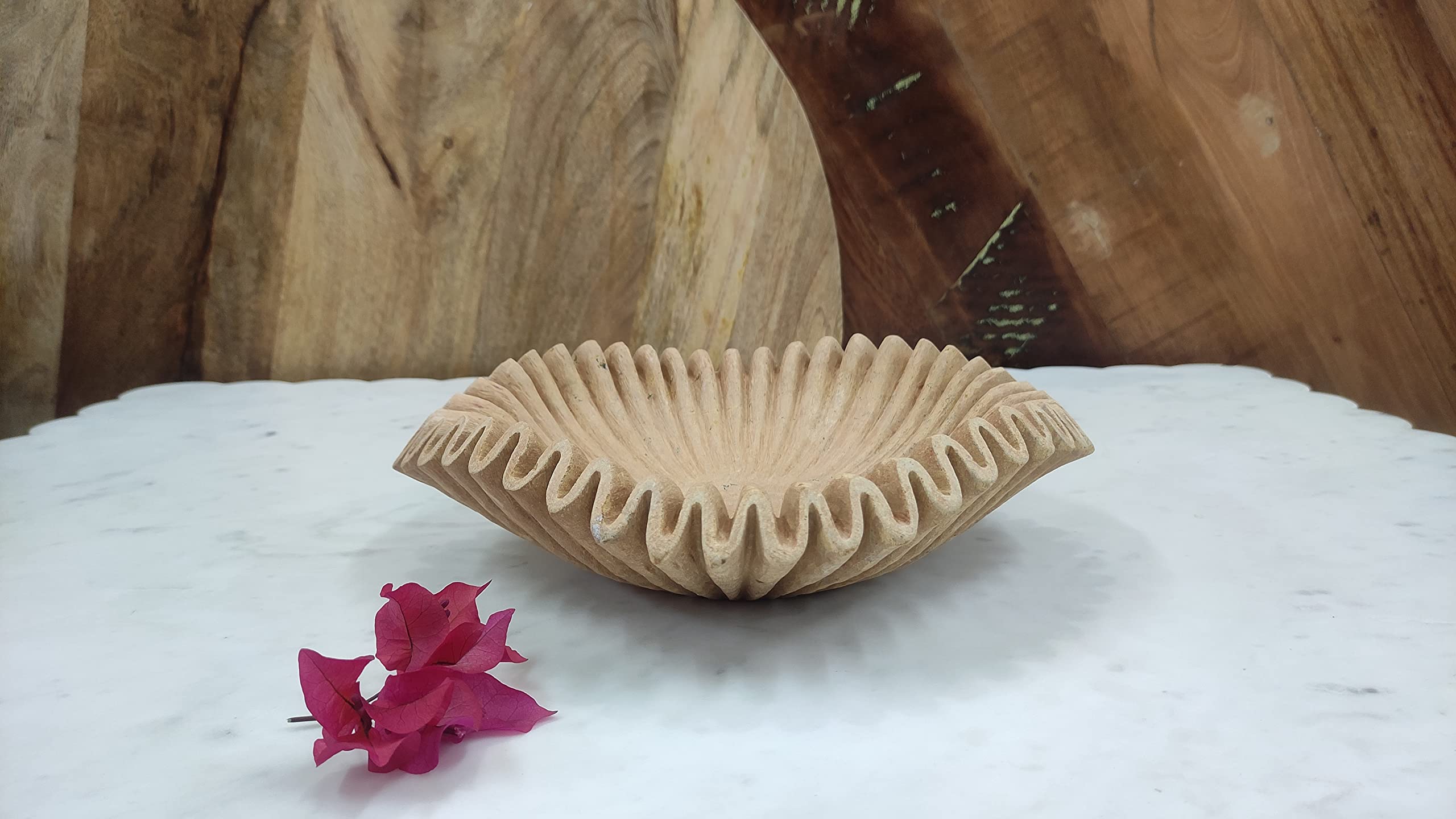 Yellow Sandstone Bowl - 6 Inch Handcrafted Stone Fruit Bowl with Floral & Ruffle Design, Decorative Serving Tray for Kitchen, Dining Table Centerpiece, Home Decor Gift - Perfect for Fruits, Nuts & Party Snacks