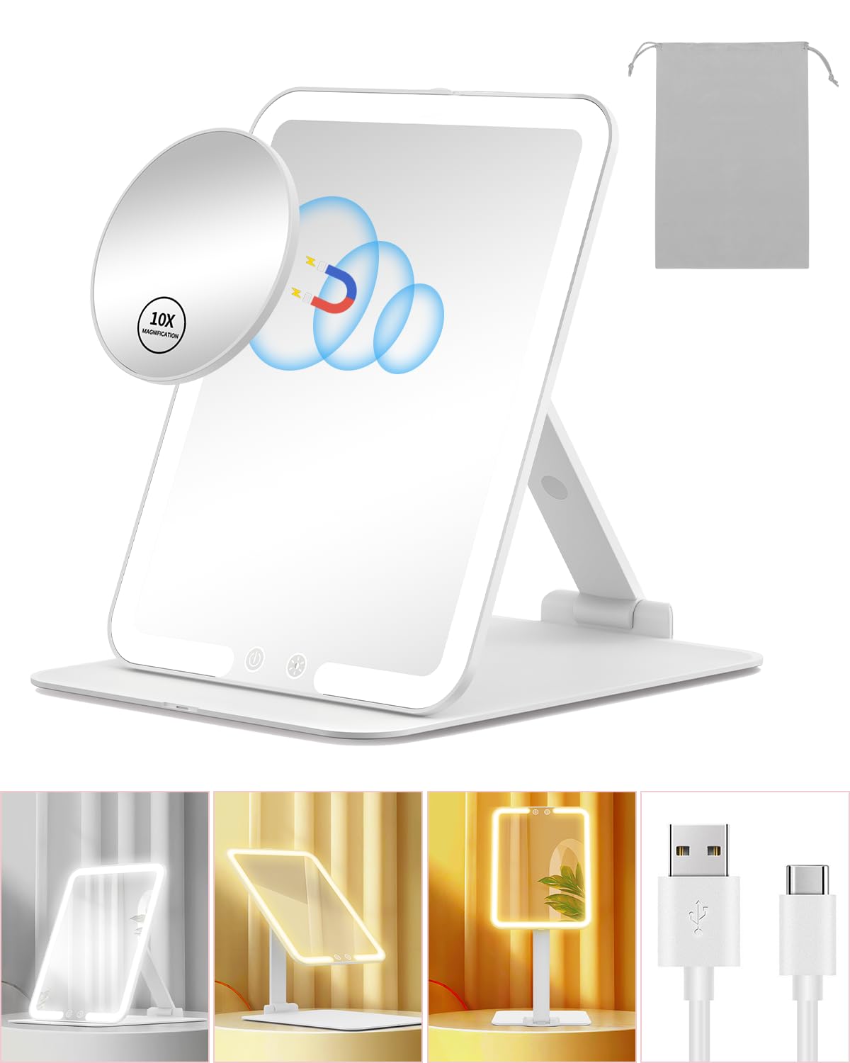 Gospire 10X Magnifying Travel Makeup Mirror with LED Lights - Adjustable Stand, 3 Color Modes, Rechargeable, Portable Cosmetic Vanity Mirror for Home & Travel (White) - Perfect for Makeup Application, Skincare Routine, and Salon Professionals