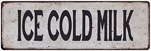 Vintage Rustic Metal Wall Sign - ICE Cold Milk Retro Plaque 8x24 Inch Matte Finish | Farmhouse Kitchen Decor, Bar & Cafe Wall Art, Vintage Diner Style Home Decoration