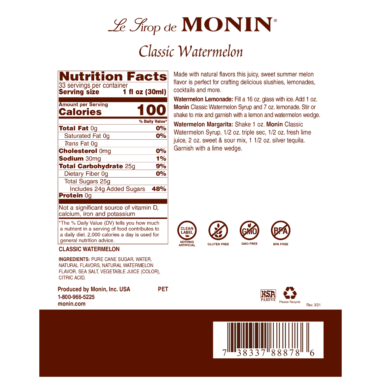 Monin Classic Watermelon Syrup - Premium Cocktail Mixer for Mocktails, Lemonades & Summer Drinks | Perfect for Home Bars, Cafes & Party Beverages
