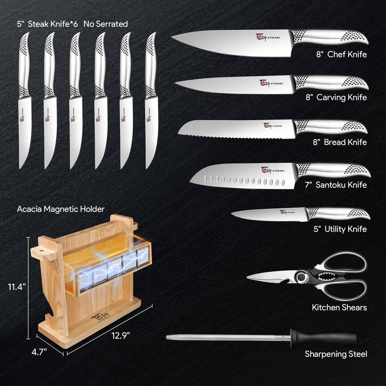 Premium Japanese Style Kitchen Knife Set - 14 PCS High Carbon Stainless Steel Sharp Knives with Magnetic Block Holder, Ergonomic Handle & Sharpener - Perfect for Home Chefs, Cooking Enthusiasts & Professional Kitchens