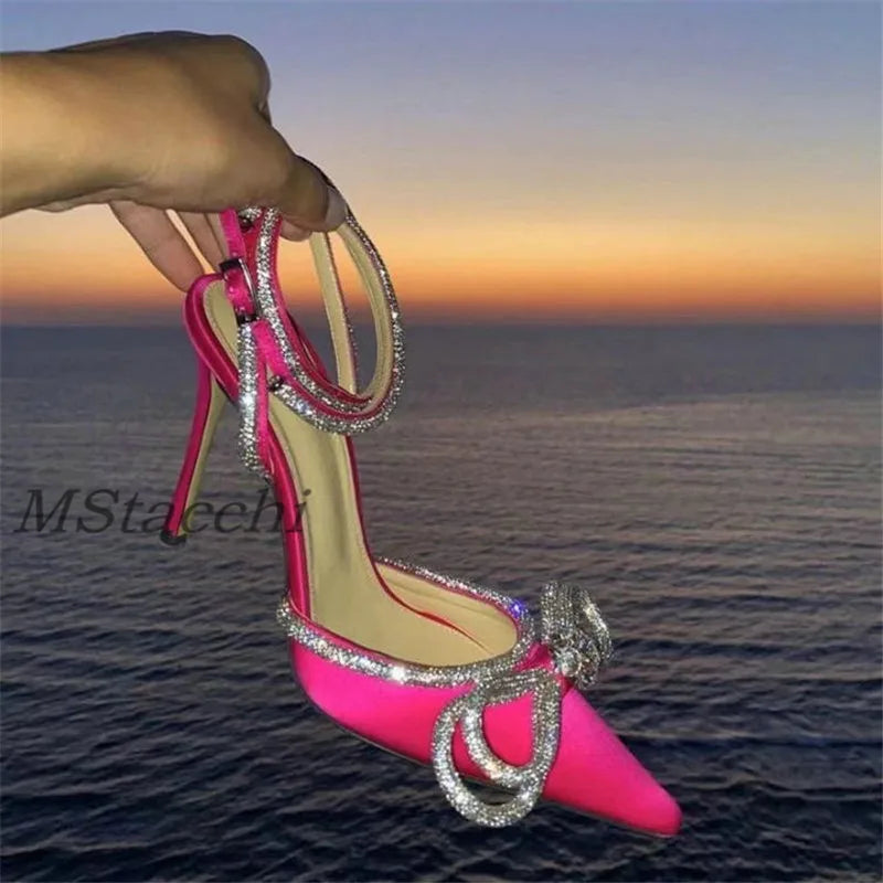 Sparkly Rhinestone Women's High Heel Pumps - Crystal Bow Satin Sandals | Transparent Summer Party Shoes for Prom, Wedding & Evening Events (2025 Collection)