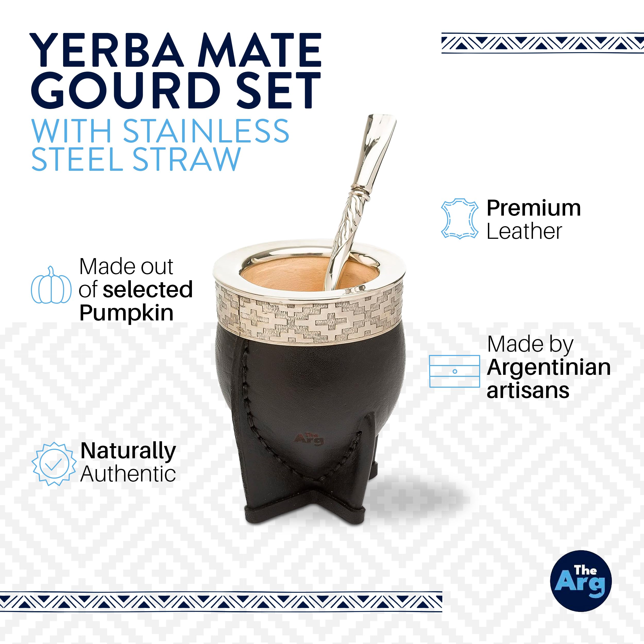 Premium Yerba Mate Gourd Set with Stainless Steel Bombilla Straw - Authentic Handcrafted Leather Mate Cup from Argentina - Perfect for Beach, Camping & Travel - Great Gift for Tea Lovers & Outdoor Enthusiasts