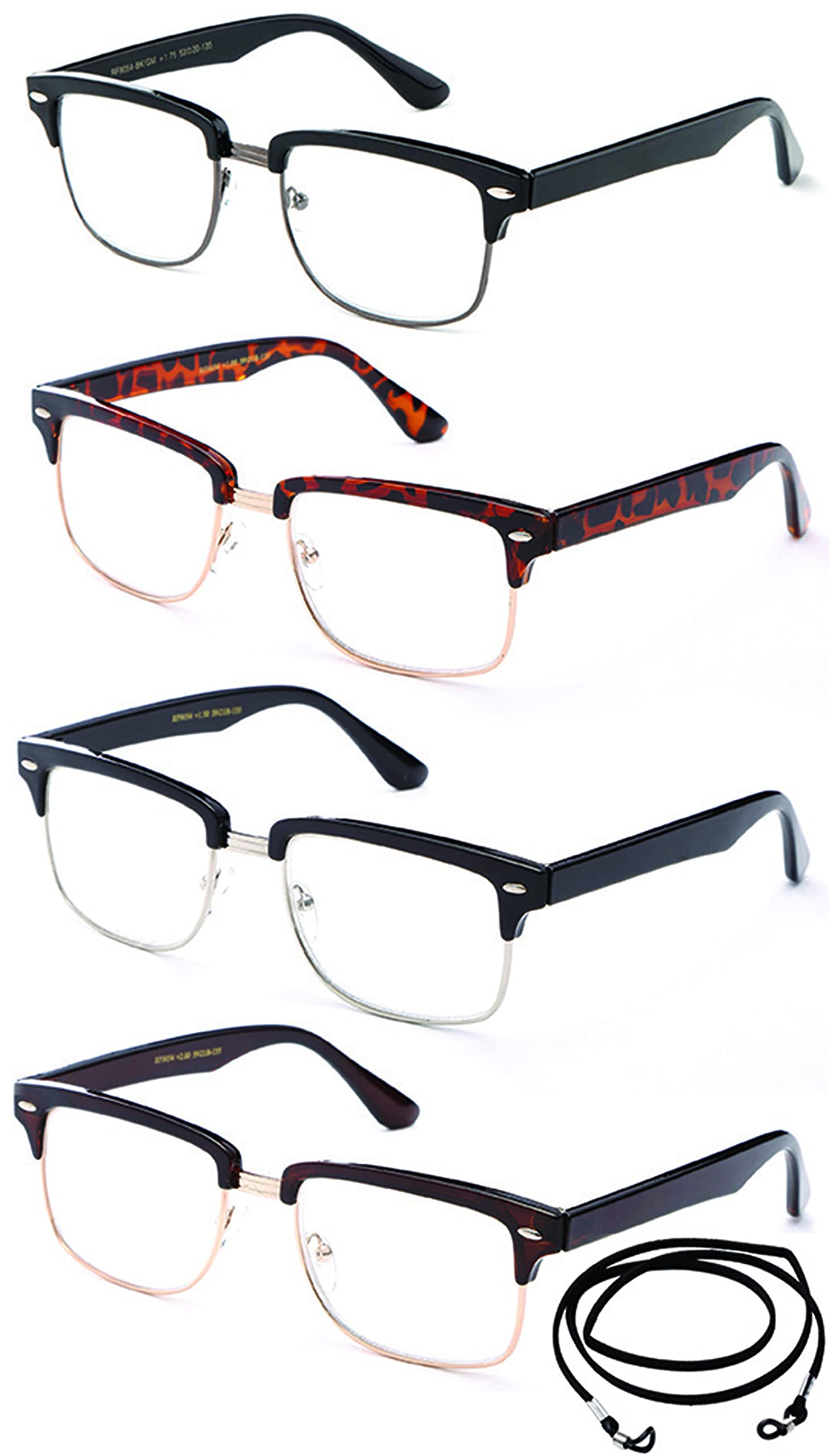 Newbee Fashion 4-Pack Horn Rimmed Half Frame Reading Glasses - Semi-Rimless Readers with Lanyard (1.00 Magnification) - Perfect for Reading, Crafts & Computer Work