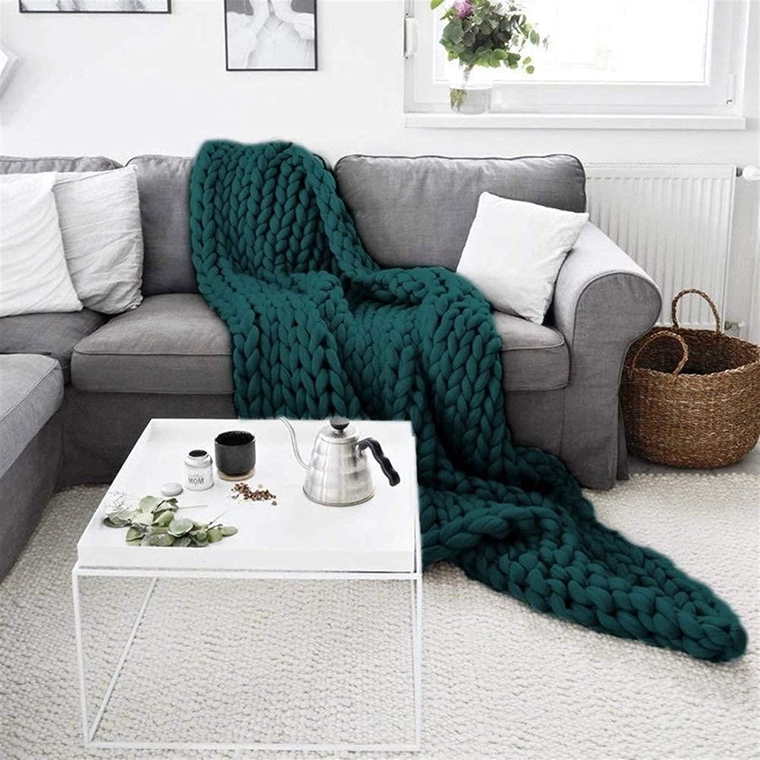 Premium Merino Wool Chunky Knit Blanket - Dark Green, Ultra Soft Handmade Bed Throw, 60x80in (150x200cm) - Boho Home Decor for Living Room, Sofa, Chair, Nursery & Pet Bed - Perfect Cozy Gift for Baby Shower, Housewarming & Winter Nights