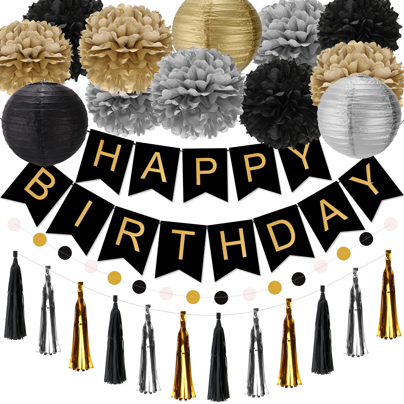 Meowtastic Black & Gold Birthday Party Decorations Kit - Happy Birthday Banner, Tissue Pom Poms, Tassel Garland, Paper Lanterns & Circle Dot Garland - Elegant Birthday Decor for Men & Women - Perfect for Adult Birthday Parties, Milestone Celebrations & Themed Events