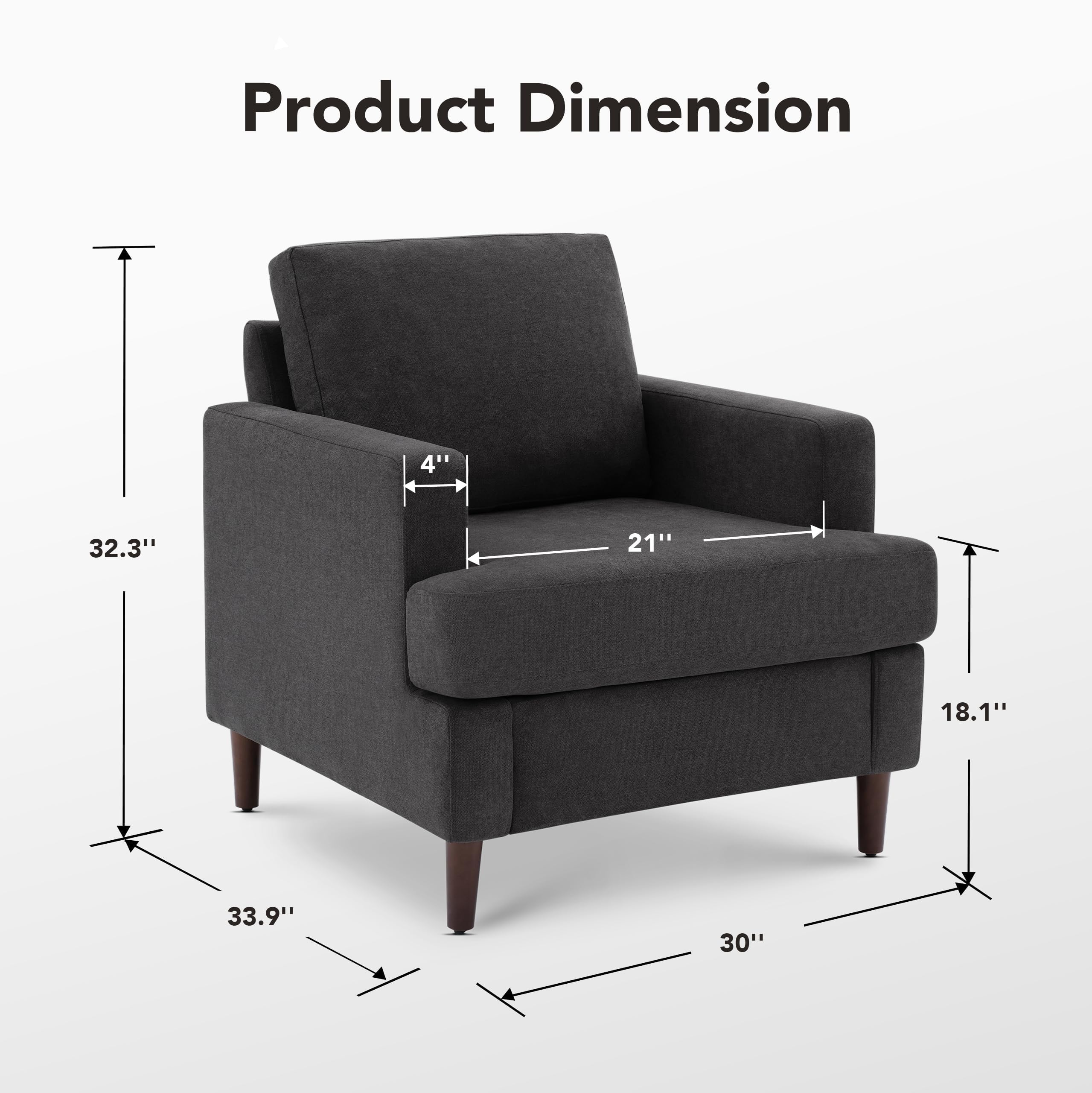 Mid-Century Modern Accent Chair - Linen Fabric Armchair with Wood Legs for Living Room & Bedroom - Dark Grey Upholstered Reading Chair - Comfortable Single Sofa for Relaxing & Decor (1 Pack) - Perfect for Home Office, Lounge & Cozy Spaces