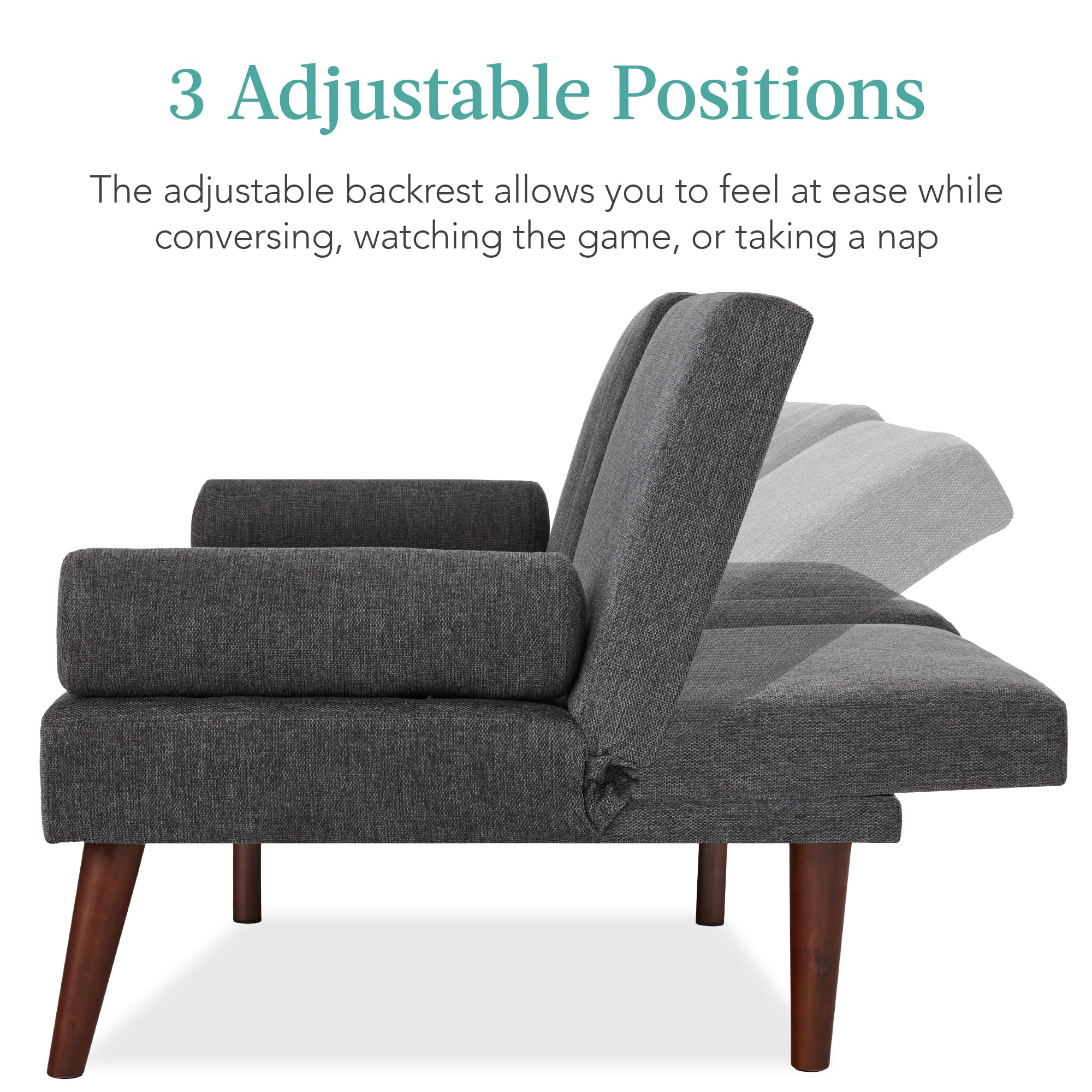 Best Choice Products Mid-Century Modern Upholstered Futon - Convertible Folding Sofa Bed with Rounded Armrests & 2 Cup Holders - Charcoal Grey - Perfect for Small Apartments, Guest Rooms & Home Offices