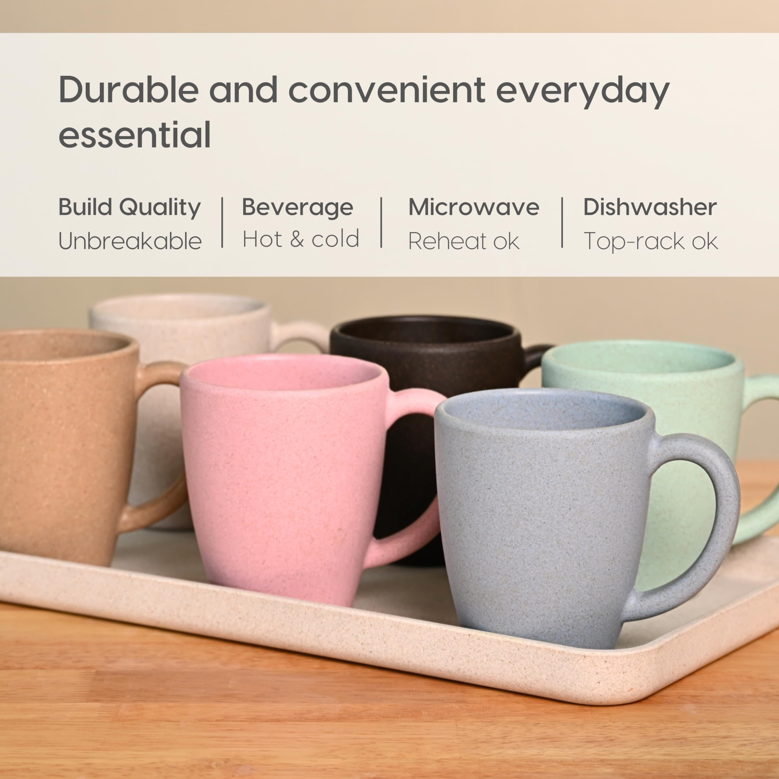 Eco-Friendly Set of 6 Classic Coffee Mugs | 10 oz | Made with Sustainable Rice Husk & Bamboo Fibers | Microwave & Dishwasher Safe | Matte Finish | Perfect for Hot Coffee, Iced Tea, Milk & More | Ideal for Home, Office & Gifts (Multicolor, Pack of 6)