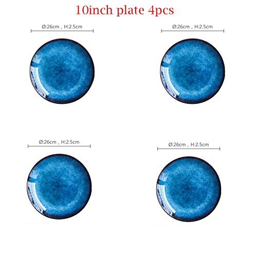 Blue Glazed Porcelain Dinner Plate Set - 4 Round Flat Plates for Everyday Dining, Parties & Home Decor