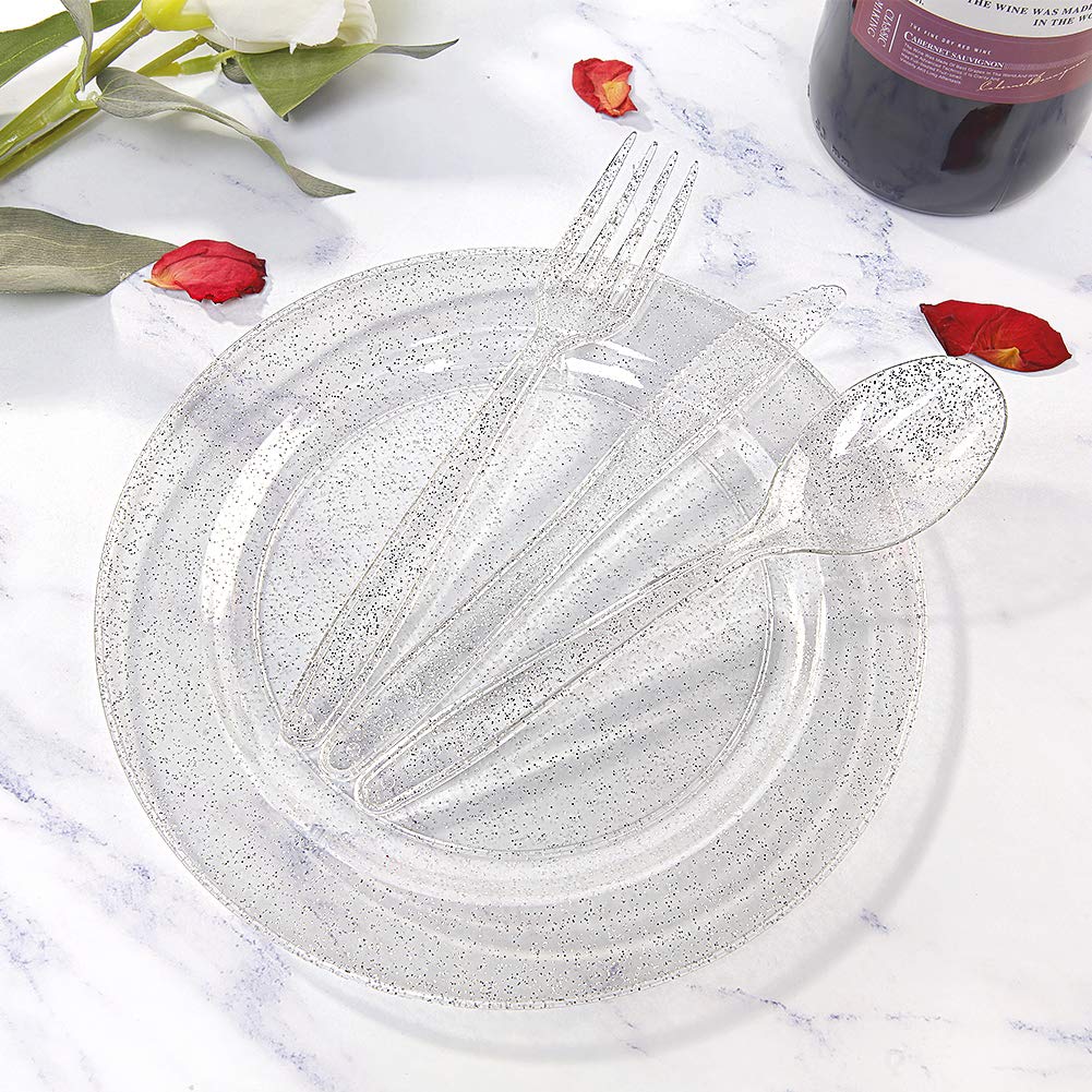 Premium WDF 360-Piece Silver Plastic Cutlery Set - Disposable Glitter Silverware Kit (120 Forks, 120 Spoons, 120 Knives) for Parties, Weddings, Events & Catering