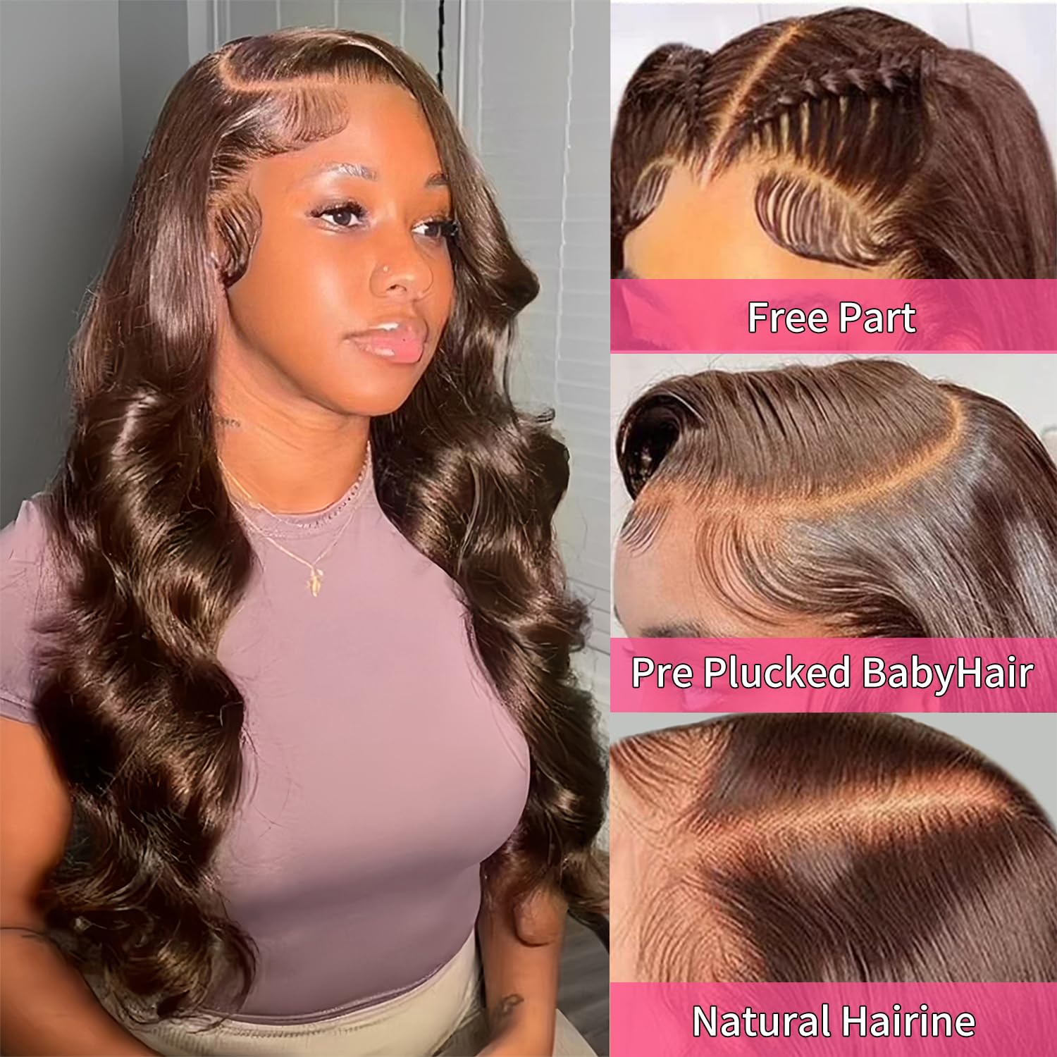 32 Inch Chocolate Brown Lace Front Wig Human Hair - Pre Plucked 13x6 Lace Parting - Body Wave 4# Colored 180% Density Virgin Hair - Perfect for Cosplay, Daily Wear & Special Occasions