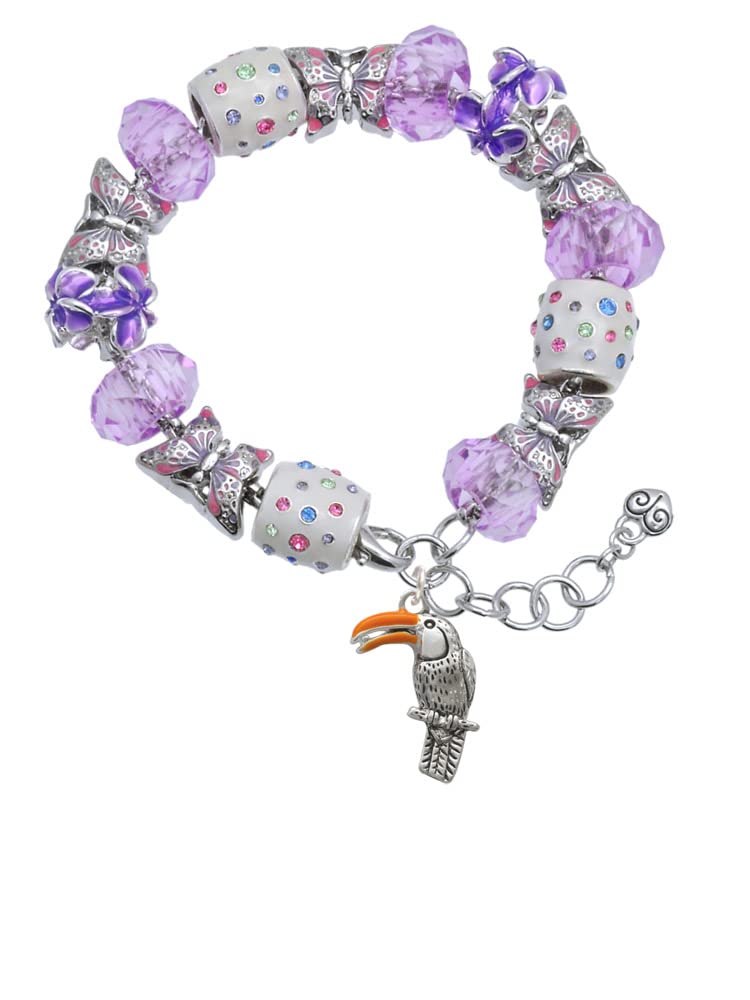 Delight Jewelry Silvertone Toucan & Purple Butterfly Beaded Charm Bracelet with 7