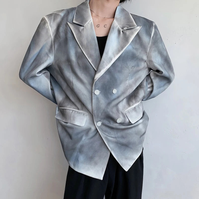 Stylish Korean Autumn Men's Blazer - Hand-Painted Distressed Double-Breasted Suit Jacket with Shoulder Pads | Fashionable Menswear for Work, Dating & Special Occasions